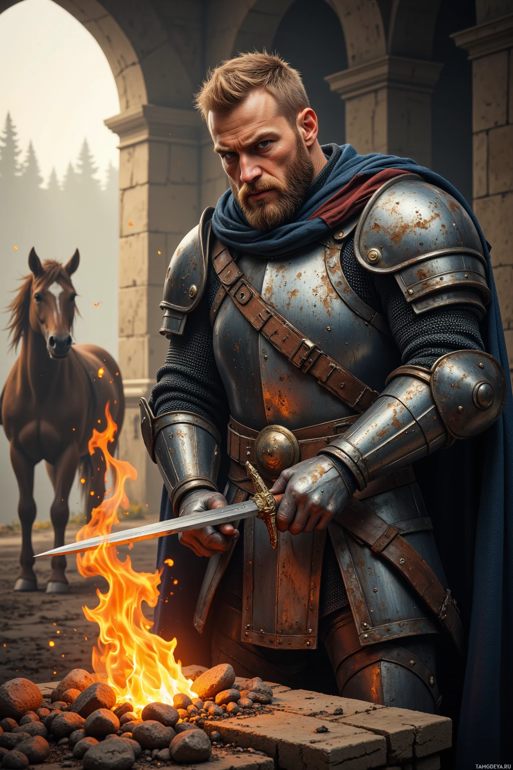 Realistic high quality photo. Stocky 34‑year‑old knight with short blonde beard, piercing blue eyes, pale skin, clad in weathered sturdy armor and a heavy warrior’s cloak, sharpening a blade in a dawn‑lit forge while a trembling horse in the nearby stables watches, wind ruffling his cloak.