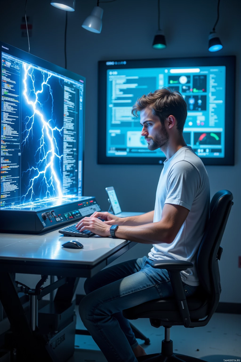 Realistic high quality photo. A 34‑year‑old man with short light brown hair, blue eyes, wearing a white t‑shirt, light jeans, and sneakers, sits at a futuristic console in a dimly lit cyber‑lab, typing shader code into a glowing holographic terminal while a simulated lightning bolt flickers across a transparent screen, surrounded by floating data panels and ambient blue light.