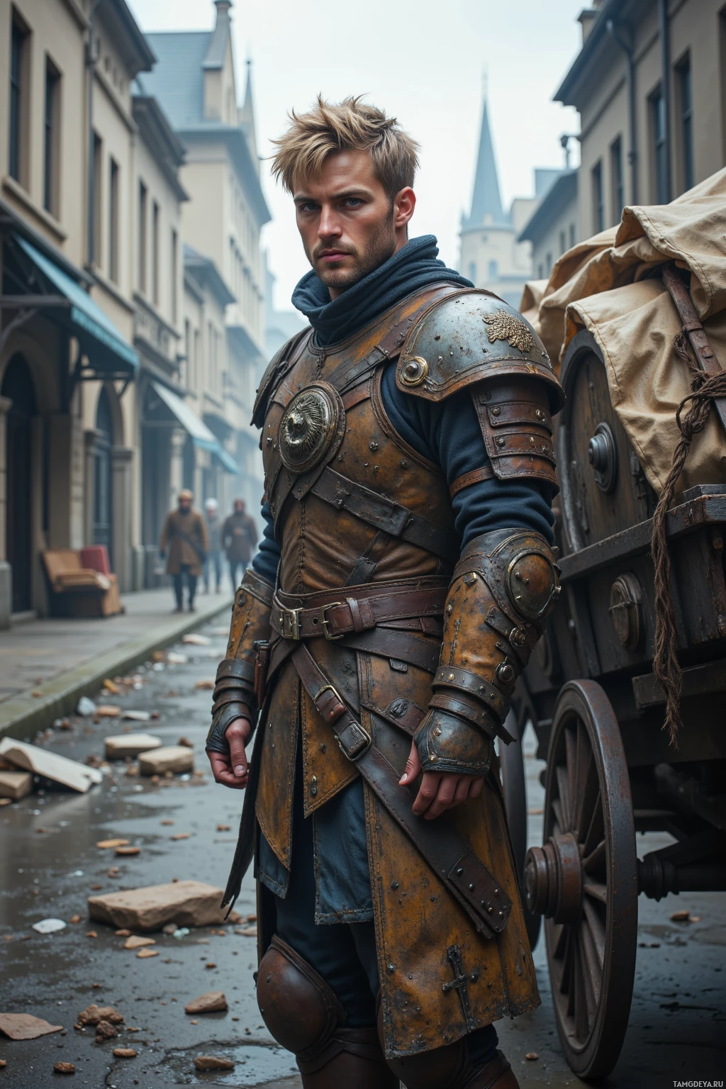 Realistic high quality photo. 29‑year‑old male, tall, short messy blonde hair, stormy gray eyes, rugged leather armor with a wolf emblem on the chest, standing beside a weathered wagon with a packed pack in the back amid shattered post‑apocalyptic streets, wind howling, focused on the horizon, lone warrior stance, a lone wolf at his side.