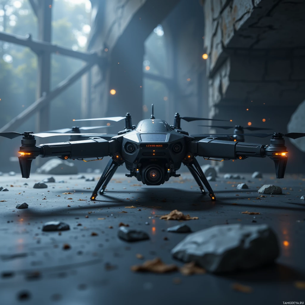 Semi-abstract image with many light, that is suitable for the post:  Ultra-lightweight (<200g) solar‑powered drone with a matte black titanium frame, integrated flexible solar cells, retractable adaptive camera lens capable of 8K recording, sleek stealthy design, and polished matte finish.