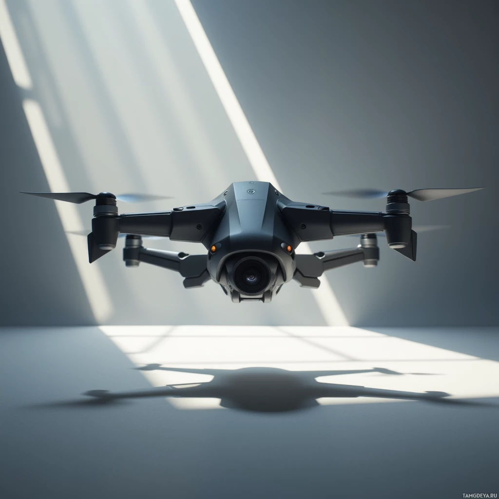 Semi-abstract image with many light, that is suitable for the post:  Matte black personal delivery drone with origami‑folding wings, a self‑healing polymer shell, sleek camera module, and minimalistic, aerodynamic design.