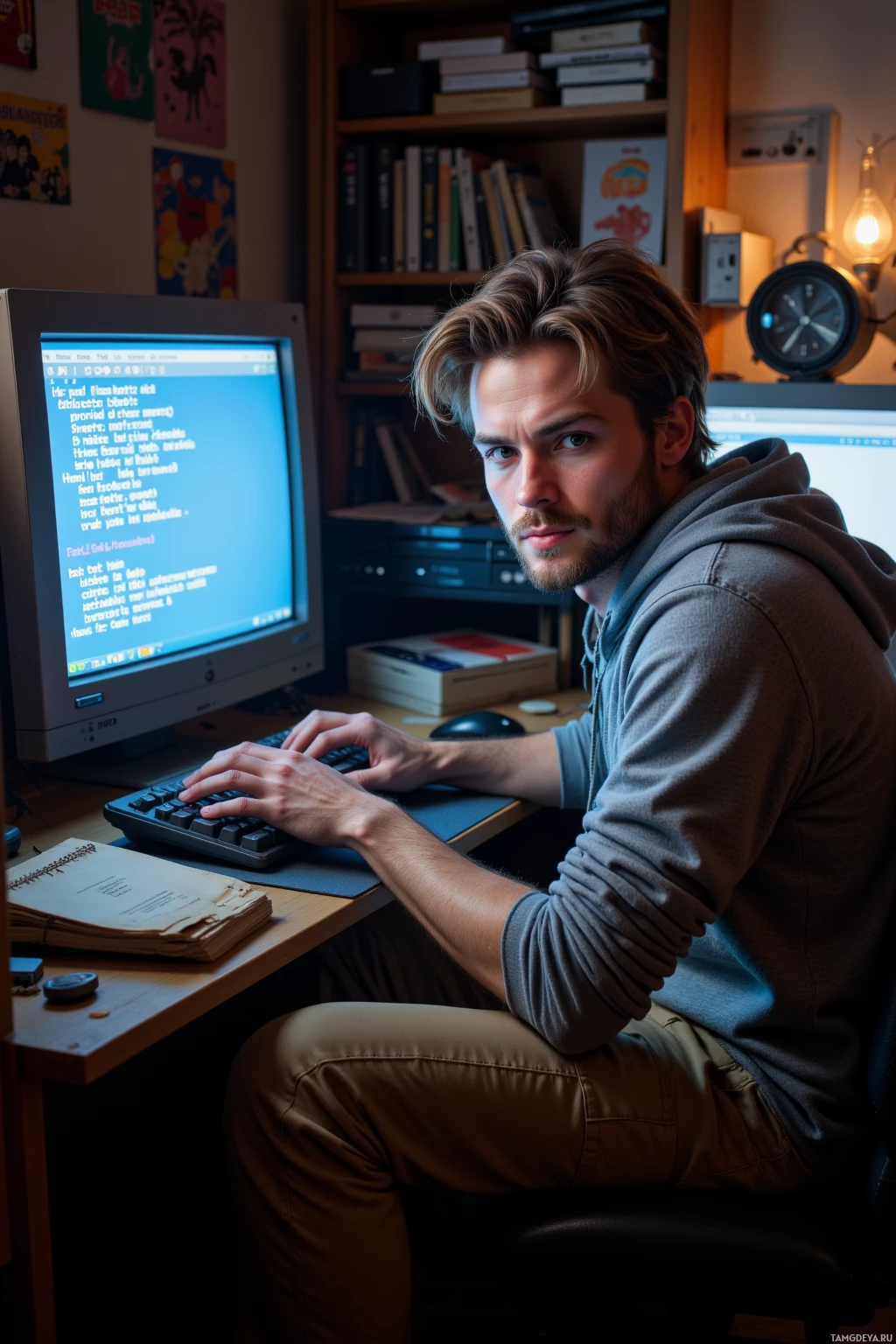 Realistic high quality photo. Male, 27, light brown hair, blue eyes, wearing a faded gray hoodie and loose khaki cargo pants, sits at a cluttered desk in a dimly lit home office, scrolling through a 1998 DOS game BMF file on a vintage monitor with rounded corners, a cracked .bak file displayed on a secondary monitor, cataloguing splash screens in a text editor, surrounded by stacks of floppy disks and archived folders.