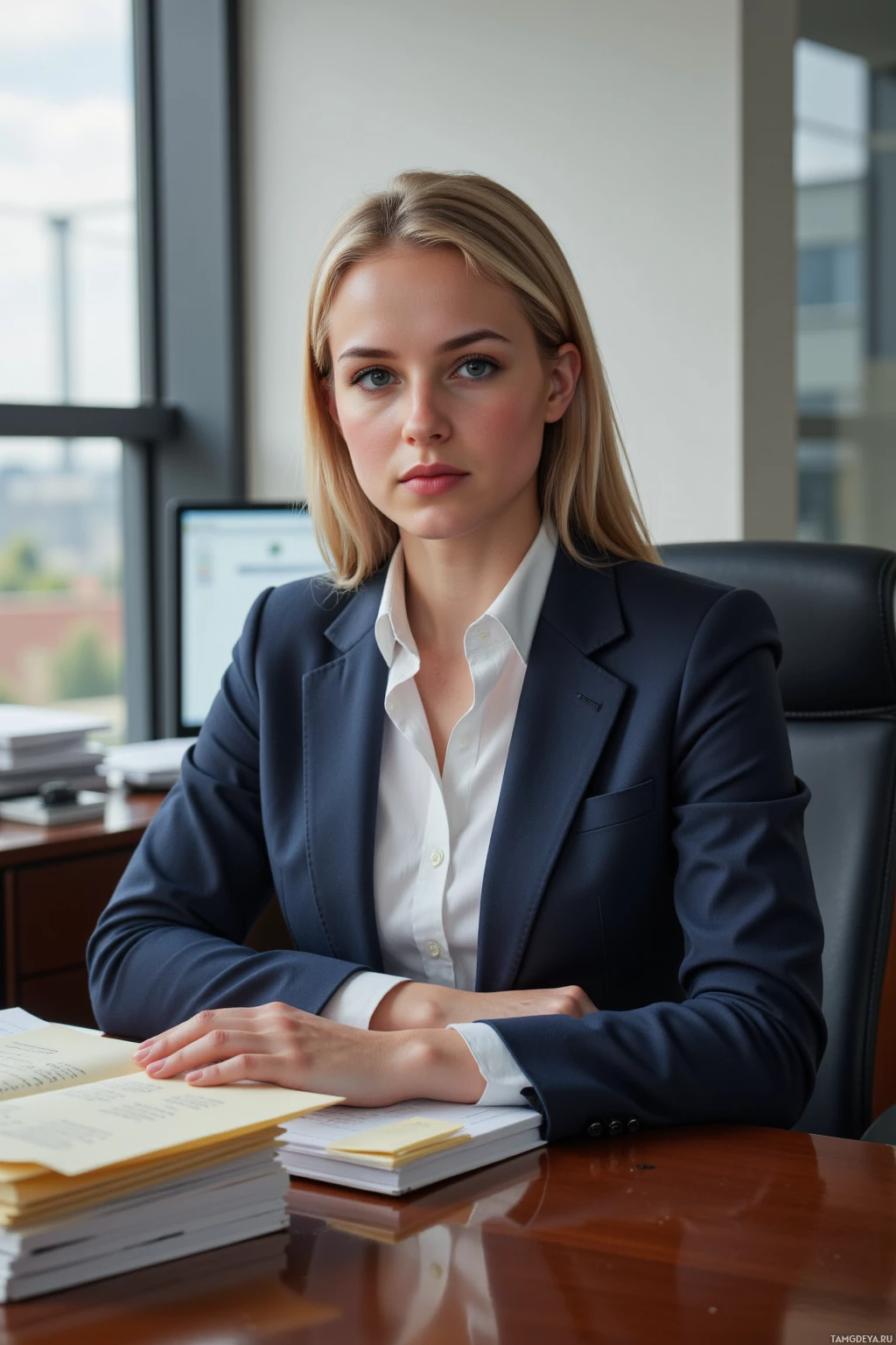 Realistic high quality photo. Tall woman, 35, with a sleek blonde bob, piercing blue eyes, fair skin, wearing a tailored navy suit, sits at a polished wooden desk in a modern corporate office, surrounded by a cluttered stack of stale files and a monitor displaying a complex quantum matrix spreadsheet, early morning light filtering through the window, her posture focused and efficient.