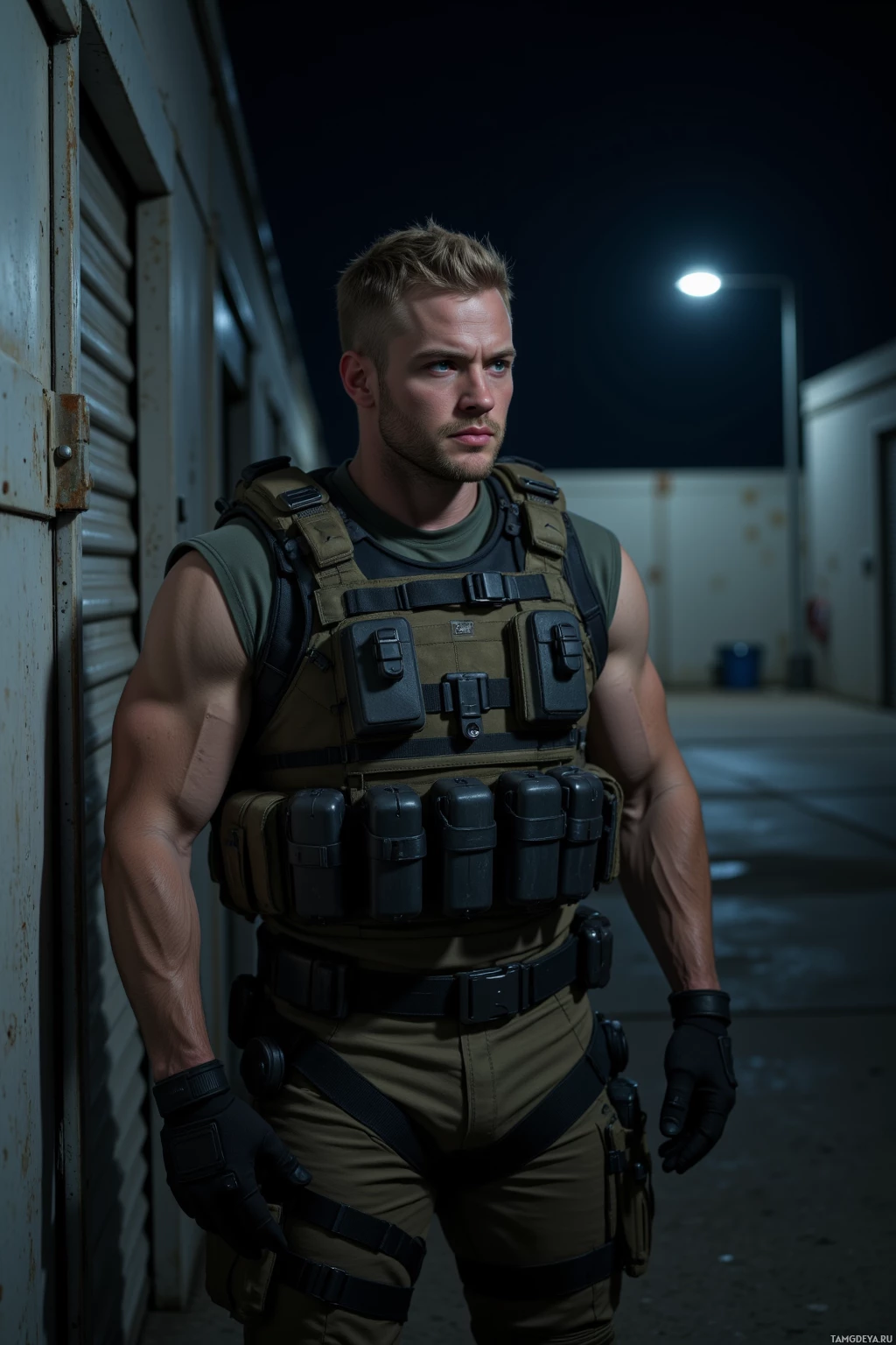 Realistic high quality photo. A muscular 32‑year‑old man with short blonde hair, blue eyes, pale skin, wearing tactical gear, standing at night beside a concrete storage unit, listening to faint creaks, alert and composed in the dim light.