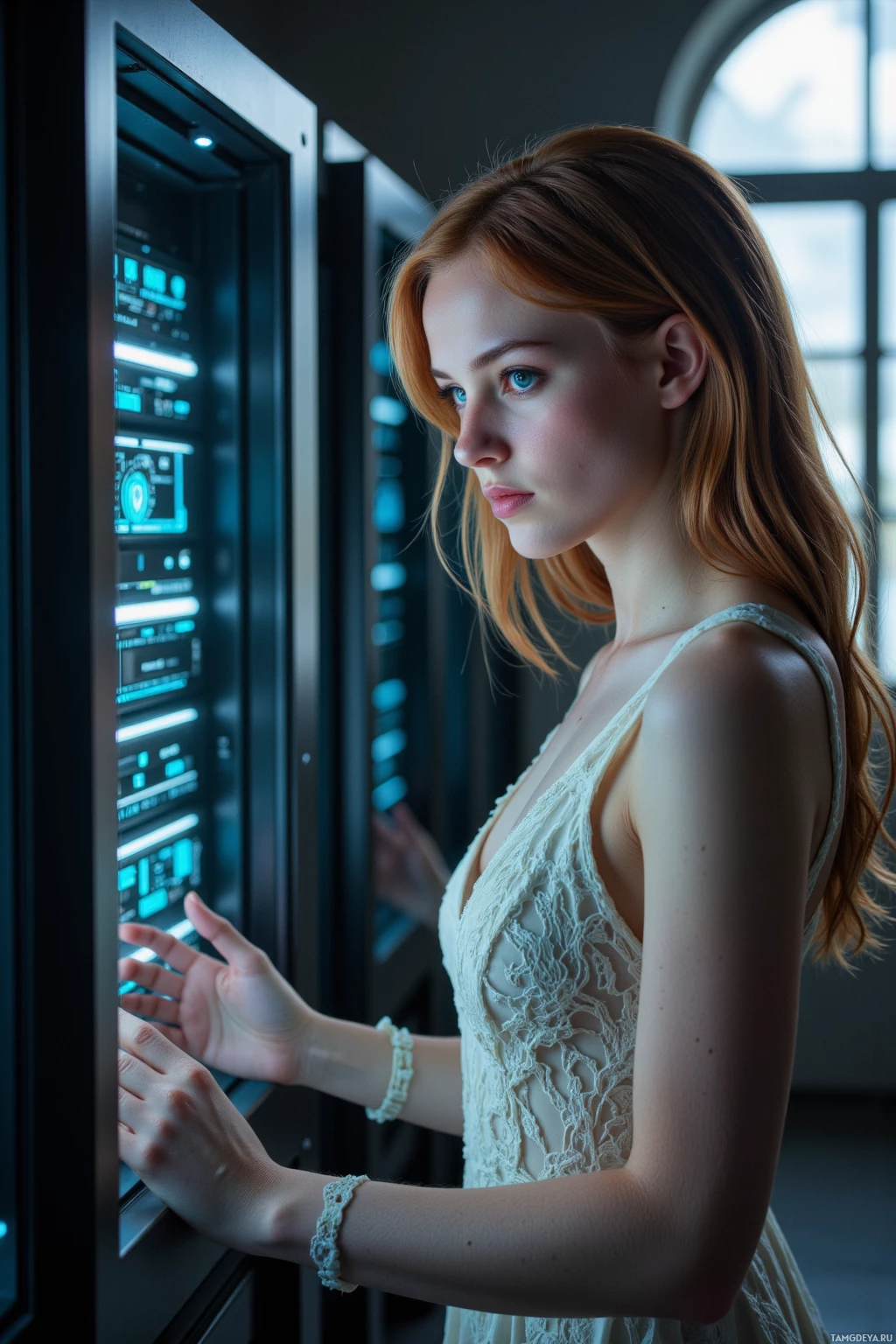 Realistic high quality photo. Elegant, slender woman with long auburn hair and bright blue eyes in a vintage lace dress, porcelain skin, stands at a softly lit server lab that echoes a medieval scriptorium, typing glowing code that mirrors a battlefield, moonlight streaming through a high window, shadows cast as if judging her meticulous, analytical craft, all at night.