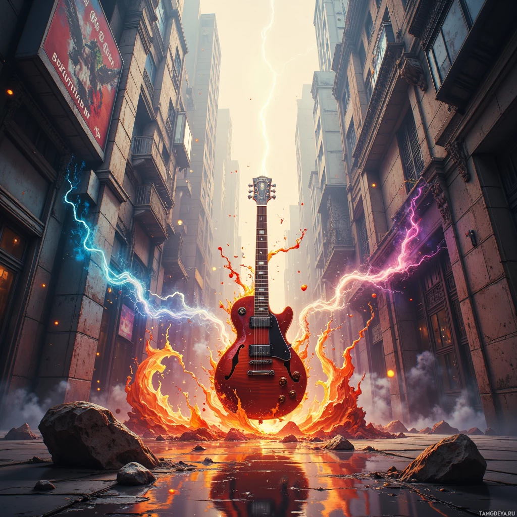 Semi-abstract image with many empty light space at center of beautiful background, that is suitable for the post:  The guitar’s scream is a thunderbird that flies beyond the city’s concrete cage.