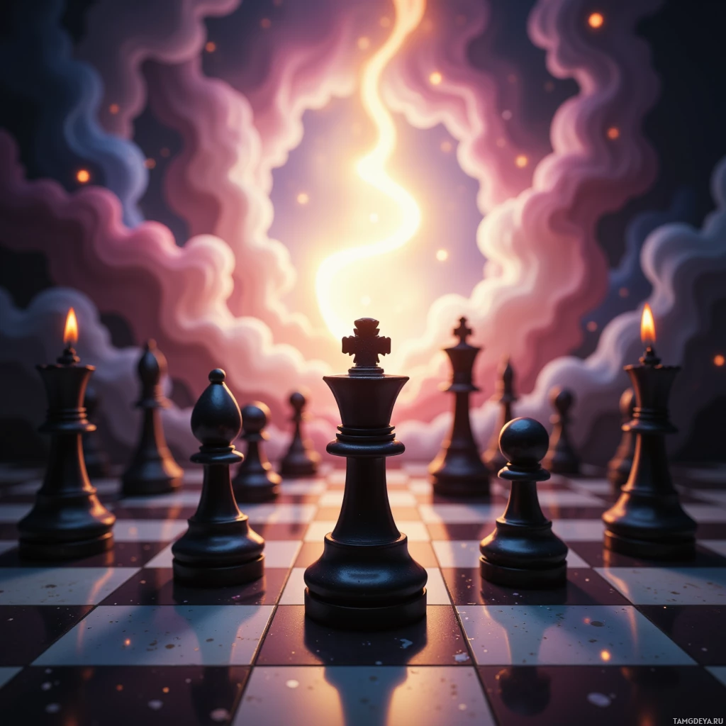 Semi-abstract image with many empty light space at center of beautiful background, that is suitable for the post:  A single candle flickers on a chessboard, each move a silent rebellion against the inevitable.