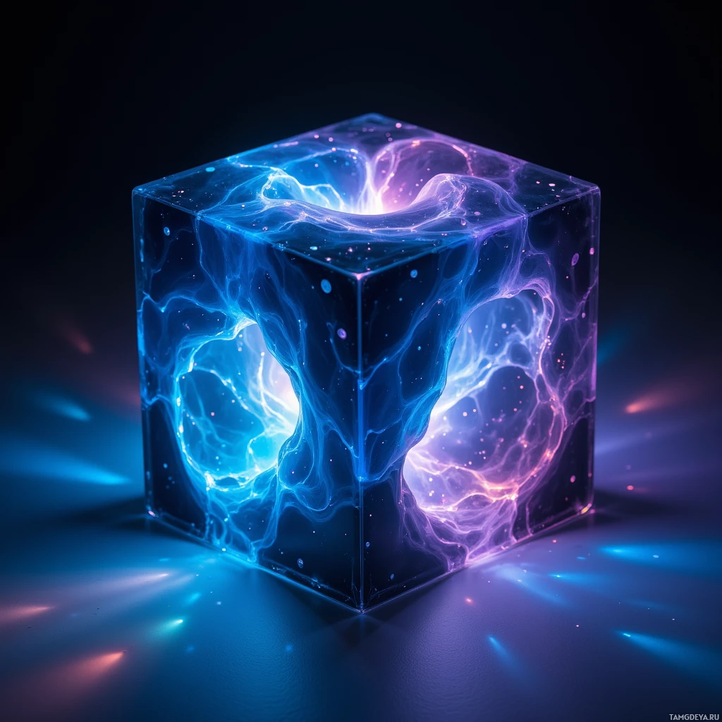 Semi-abstract image with many light, that is suitable for the post:  obsidian glass cube with sleek glossy surface, faint blue glow, interior shifting multicolor lights, liquid-like outer texture, minimalist geometric shape.