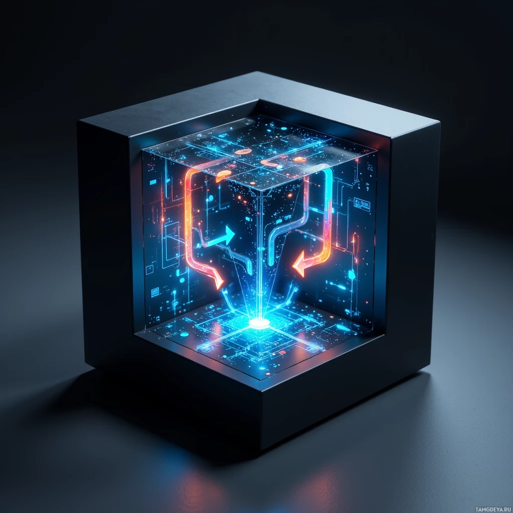 Semi-abstract image with many light, that is suitable for the post:  Matte black cube with a sleek matte surface, its edges unfolding to reveal a holographic debate arena that projects neon arrow lights tracking logical flow, forming a dynamic 3D puzzle interface.