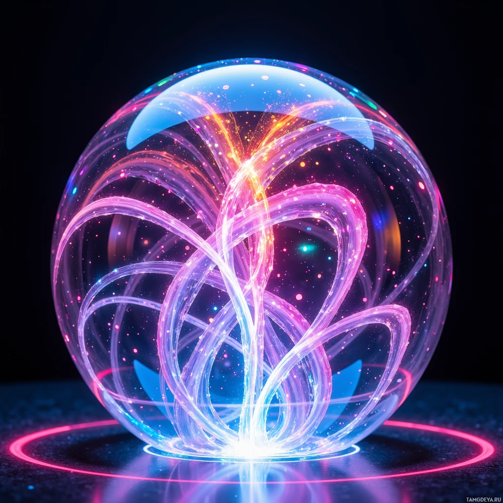 Semi-abstract image with many light, that is suitable for the post:  translucent crystal sphere with liquid‑glass rippling surface, flickering synchronized light pulses in neon hues, micro‑actuators inside adjusting color frequencies, perfectly symmetrical and softly glowing.