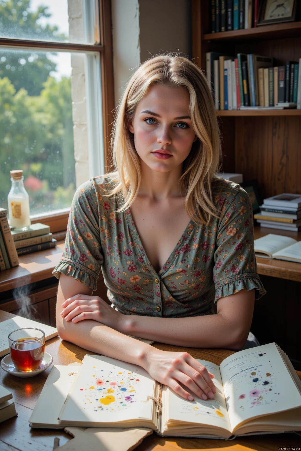 Realistic high quality photo. Mina, a woman with shoulder‑length blonde hair, blue eyes, pale skin, wearing a bohemian style dress, stands at a wooden desk surrounded by open notebooks filled with ink stains, a steaming cup of tea on a side table, early morning light pouring through a window, her face a mix of frustration and creative intensity.