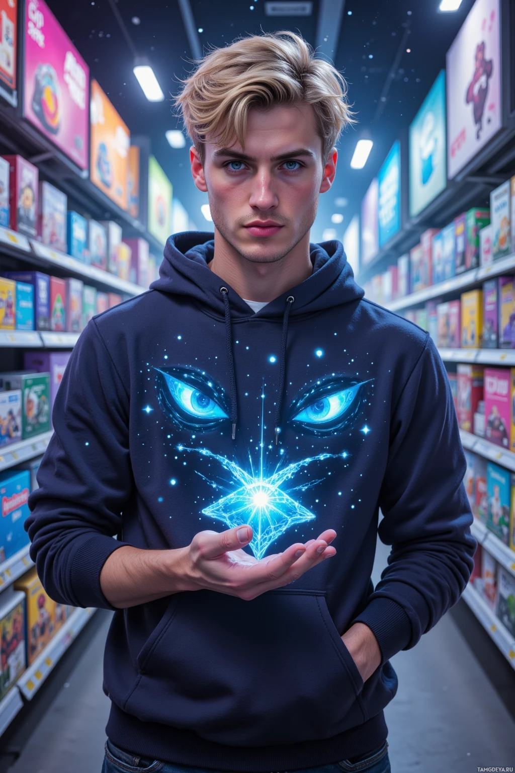 Realistic high quality photo. Male, 28, short blonde curls, bright blue eyes with mischievous glint, wearing a hoodie adorned with pixel icons, standing in an intergalactic marketplace lined with shelves of hyper‑chromatic pixel packs, holding a flickering holographic moustache display that changes mood, while a half‑finished star‑ship sprite missing an engine rests in his hand, surrounded by floating holo‑screens and starry space, late afternoon.