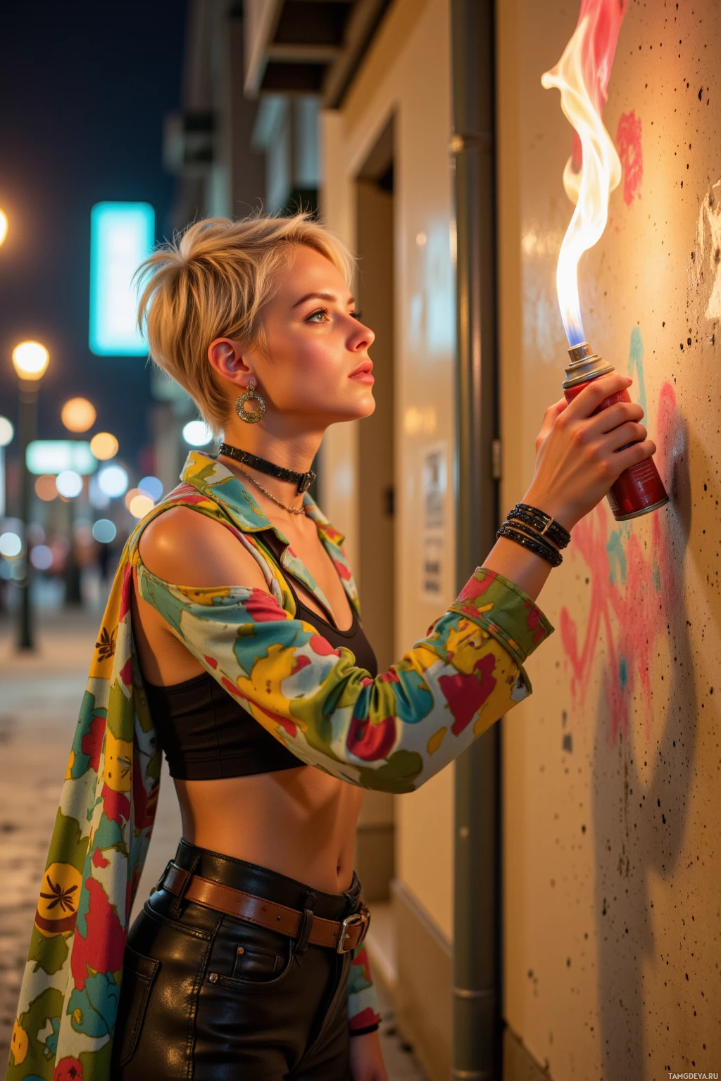 Realistic high quality photo. A 26‑year‑old woman with short asymmetrical blonde hair, bright green eyes, sharp features, pale skin, wearing eclectic streetwear in contrasting patterns and chunky jewelry, standing in a beige alley at night, spray‑painting luminous neon fire onto the walls while shouting at the beige walls, with the city huming in muted tones.