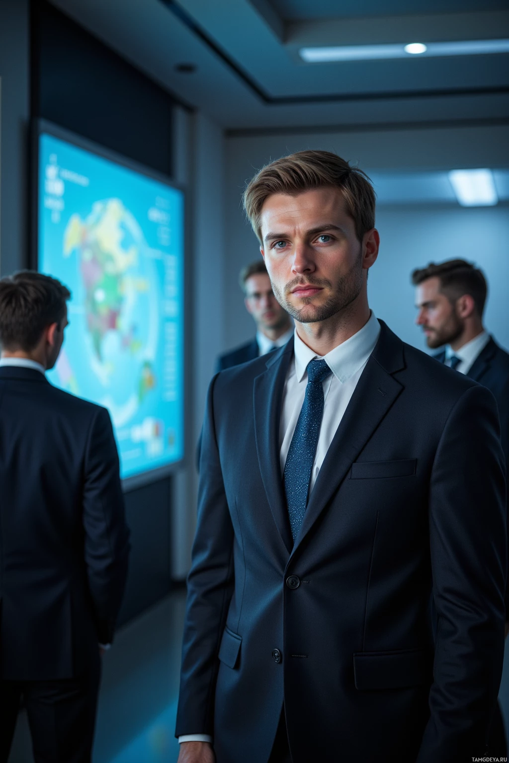 Realistic high quality photo. Tall 35‑year‑old man with neatly styled light brown hair, piercing blue eyes, wearing a tailored suit and tie, stands in a modern executive office before a glowing strategy board illuminated by light and shadow, intent expression, while silent observers watch from the sidelines.