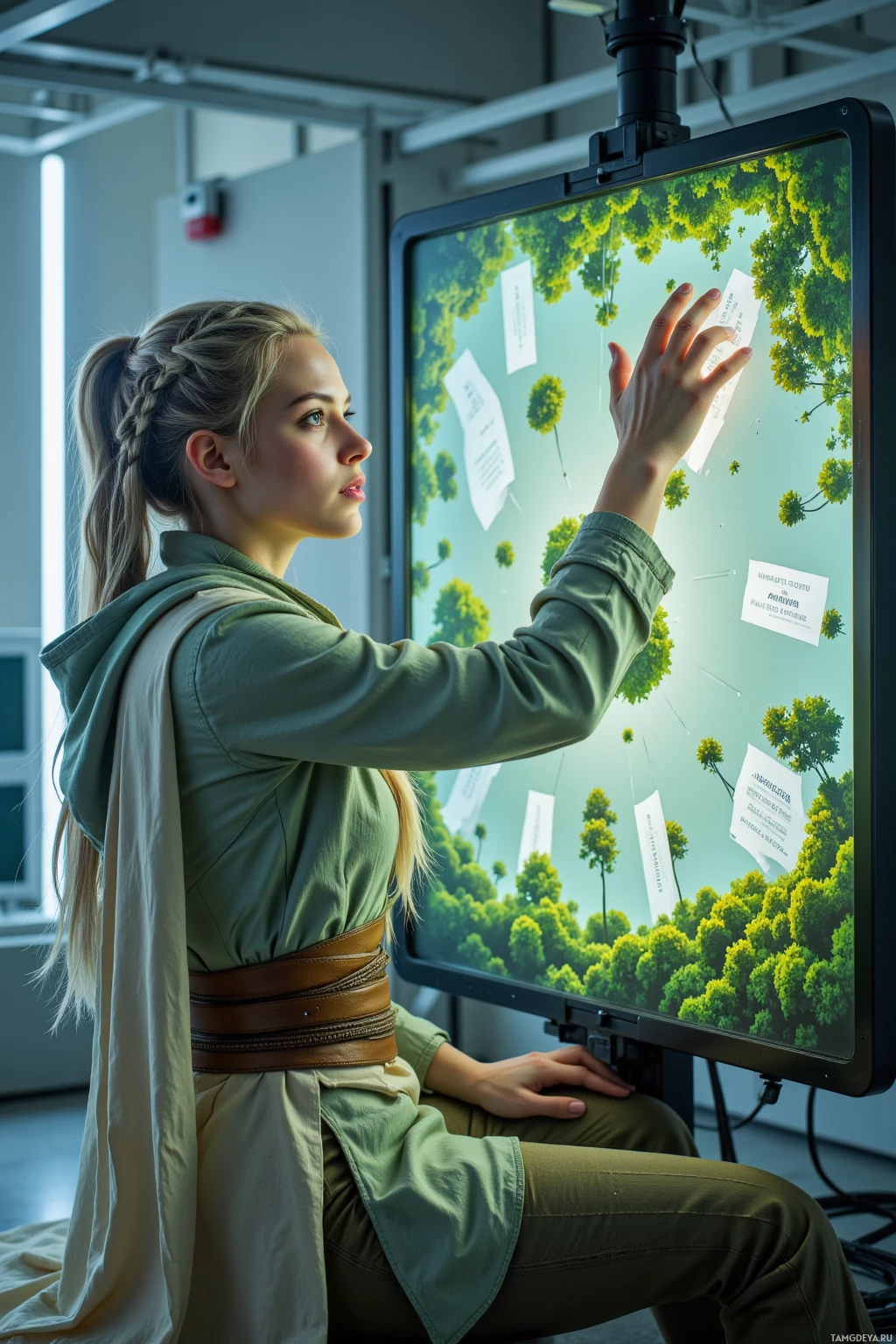Realistic high quality photo. Female ecologist, 27, white braided hair, green eyes, fair skin, layered earth‑toned fabrics and pale green cloak, sits in a laboratory with flickering light, calibrating a virtual reality canopy of moss spores displayed on a translucent screen, surrounded by scrolling data streams and a soft mossy texture, her posture focused and slightly irritable.