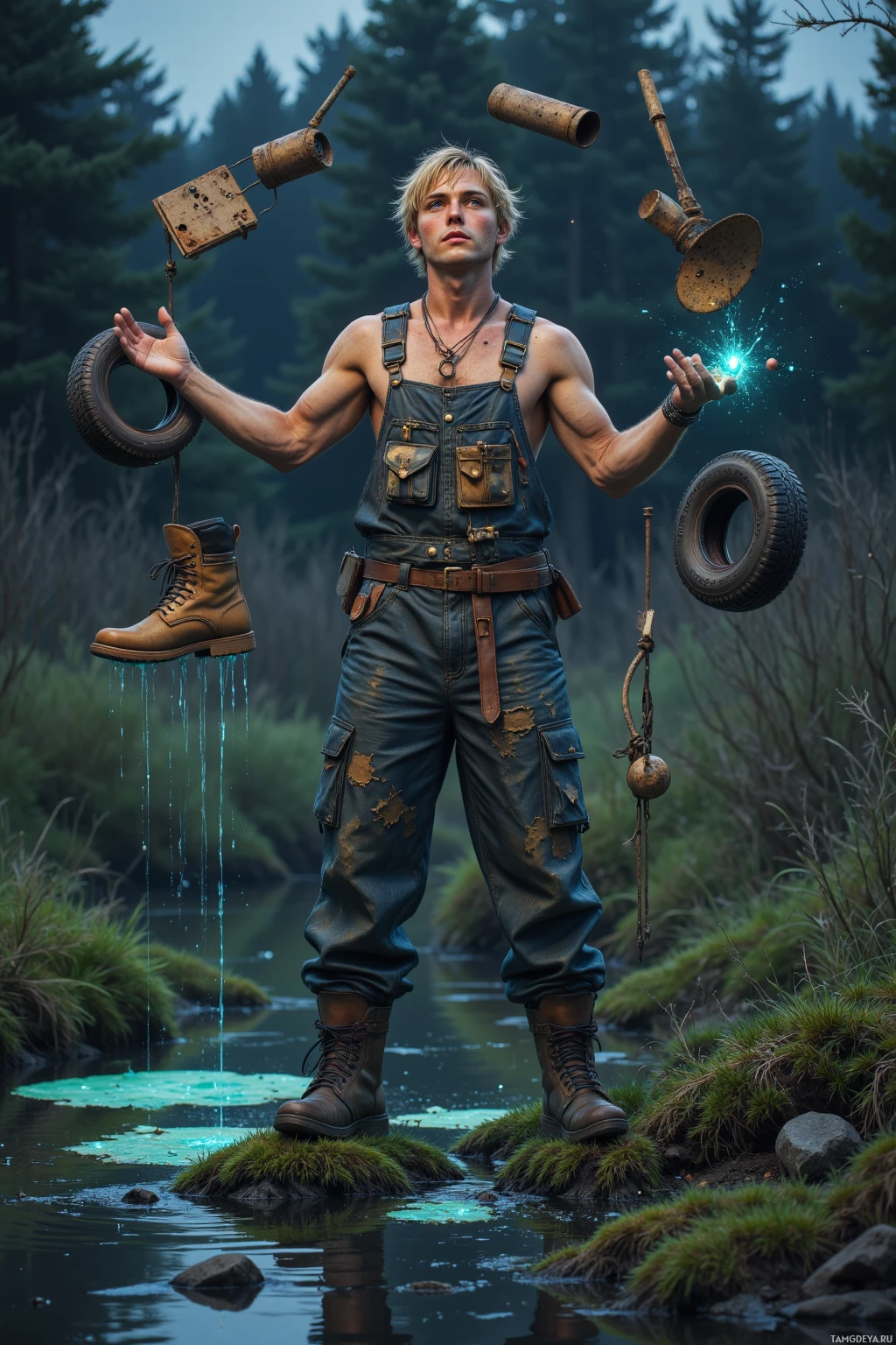 Realistic high quality photo. A 20‑year‑old man with messy blonde hair, bright blue eyes, fair skin, wearing patchy mud‑stained overalls and sturdy boots, tinkers by a glowing swamp edge at dusk, juggling a broken hinge, recycled tires, cardboard tubes, a rusted spoon, and a rubber boot while bioluminescent moss lights the scene and a humming contraption sparks with recycled energy.