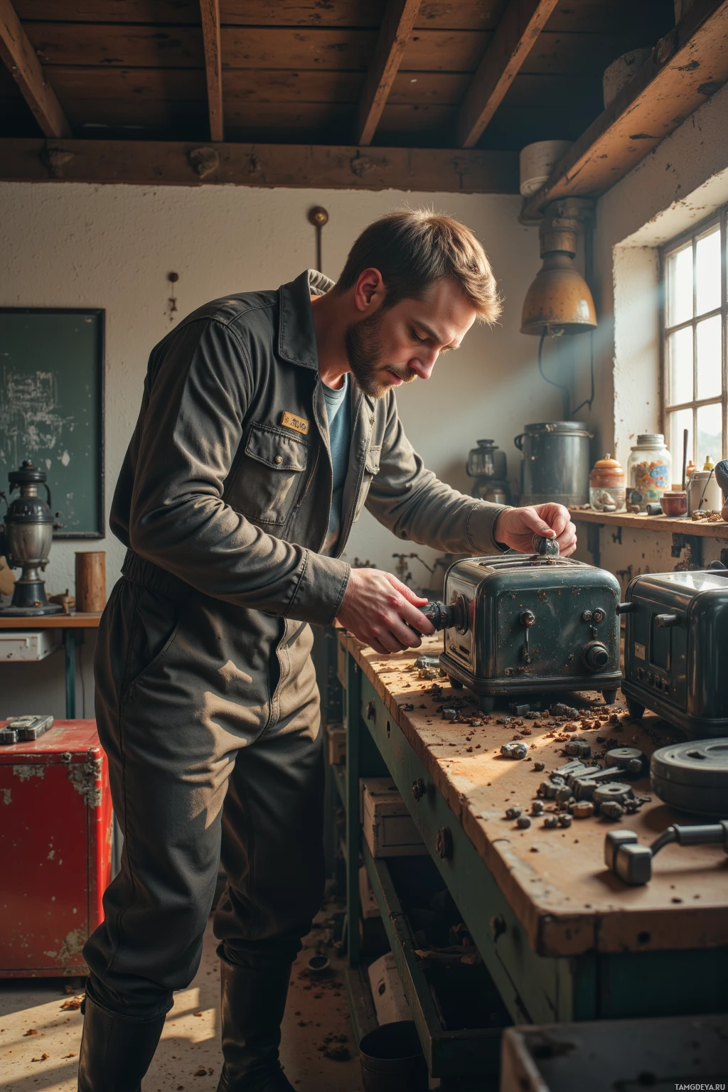 Realistic high quality photo. A 37‑year‑old man with short light brown hair, blue eyes, wearing a dusty grey jumpsuit and heavy boots, methodically repairs a humming toaster on a cluttered workbench in a workshop, replacing its burnt heating element with a salvaged part from a lawn mower, his toolbox open beside him, a vacuum‑sealed packaging box on the floor, daylight filtering in.