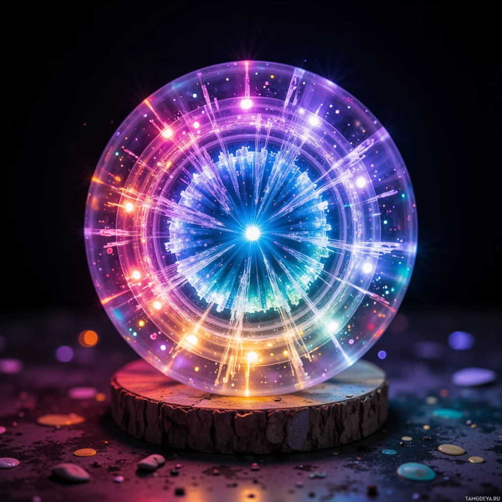 Semi-abstract image with many light, that is suitable for the post:  Tiny translucent recycled glass sphere, with concentric embedded micro‑LEDs that pulse and shift through a spectrum of colors in sync with a heartbeat, casting a soft, shimmering glow.