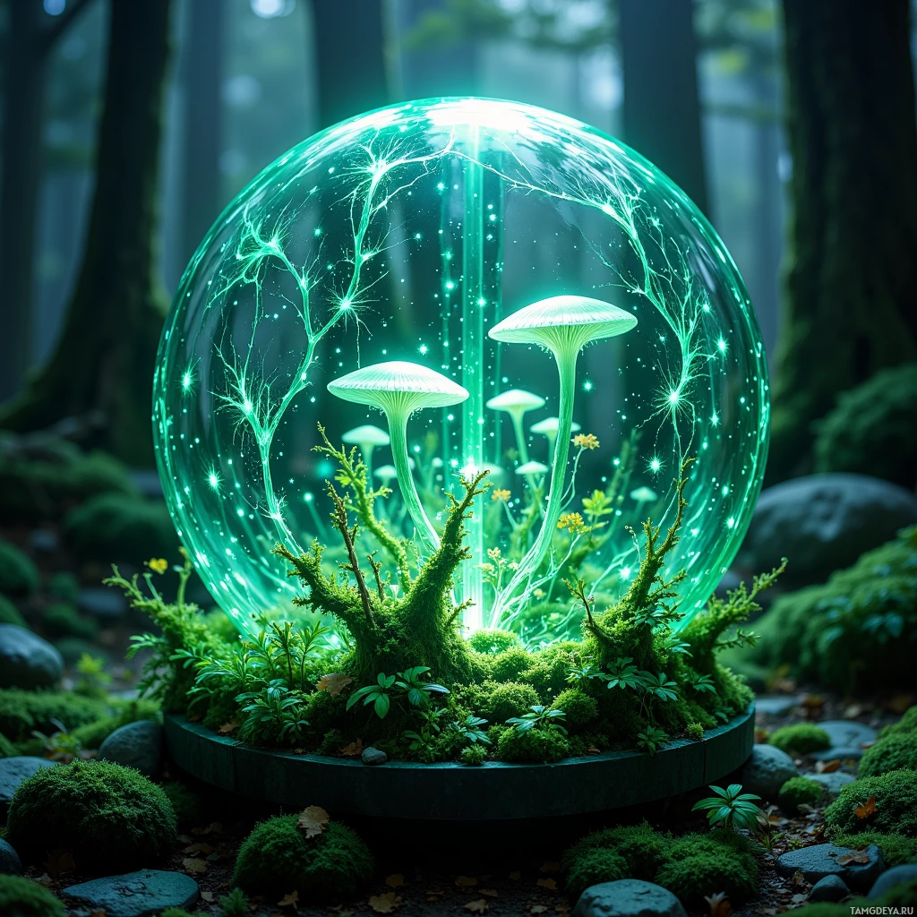Semi-abstract image with many light, that is suitable for the post:  A sleek glass sphere with subtle etched fungal network patterns on its walls, illuminated by pulsing green LED strips that mimic twilight spores, featuring humidity sensors and a translucent, damp forest floor interior.
