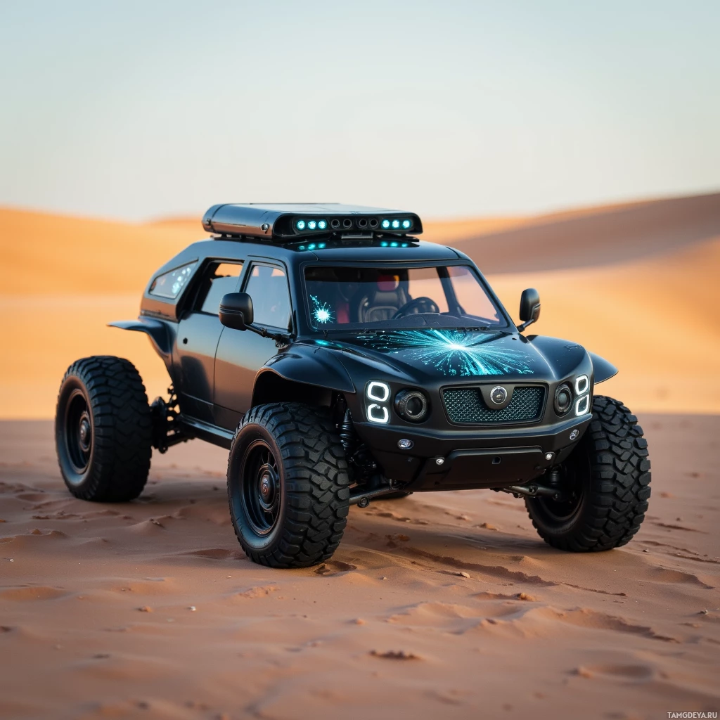 Semi-abstract image with many light, that is suitable for the post:  Hand-built matte black desert crawler with a sleek black frame, fold‑out roof revealing a tiny autonomous cabin, holographic map projected onto its glass windshield, hidden battery bank, integrated wind turbine on the tail, solar panels on the roof, and kinetic energy capture features, all in a rugged futuristic design.