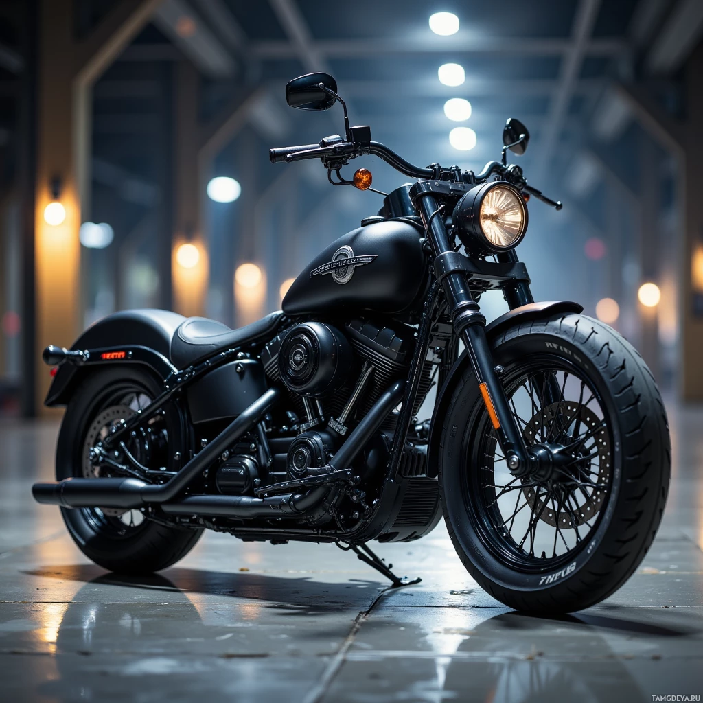 Semi-abstract image with many light, that is suitable for the post:  1970s Harley‑Davidson Softail motorcycle with a carbon‑fiber frame, twin‑spark hybrid engine, midnight matte paint and a single silver lightning‑bolt stripe, matte black chrome accents, hydraulic suspension, AI‑driven ECU, and a sensor‑driven HUD.