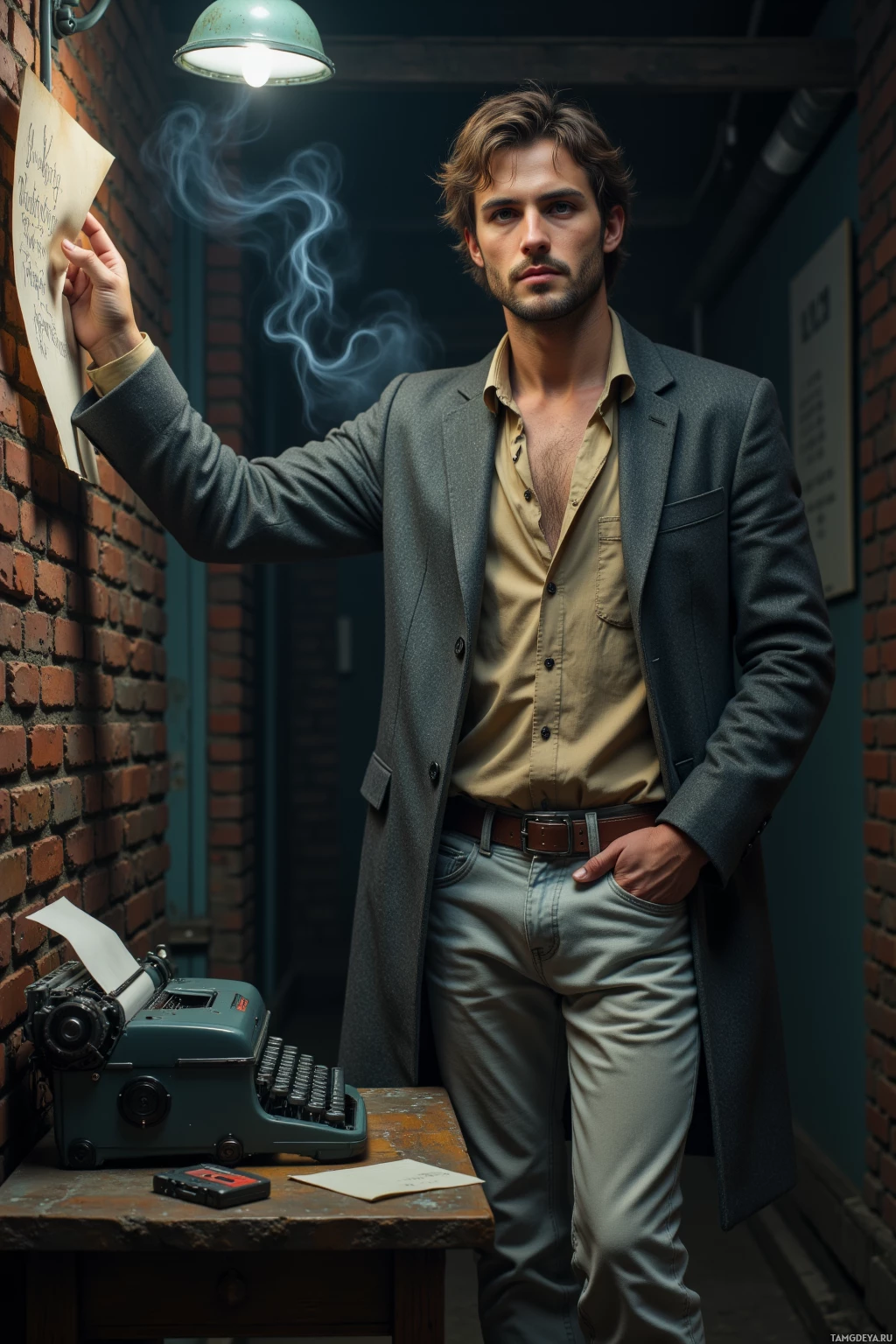 Realistic high quality photo. male, 31, with tousled light brown hair, green eyes, wearing a loose grey coat over layered beige shirts and pale jeans, standing in a dim nighttime alley with cracked brick walls and swirling mist, holding a scrap of paper to the wall while a forgotten typewriter on a battered table emits a faint hiss, a cassette tape lies in a dusty corner beside the typewriter.