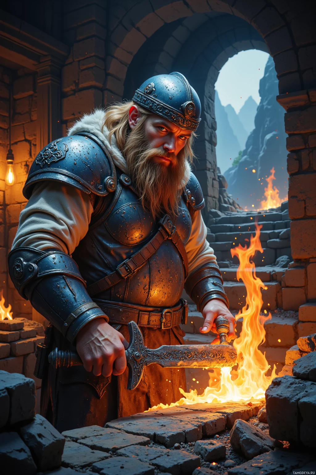 Realistic high quality photo. A stout man with long blonde hair, thick beard, bright blue eyes and pale skin, wearing worn heavy armor over a simple tunic and a sturdy miner's helmet, hammers steel in a roaring forge hall, chiseling a haft with ancestral patterns, while a mine shaft entrance looms outside under dusk lighting.