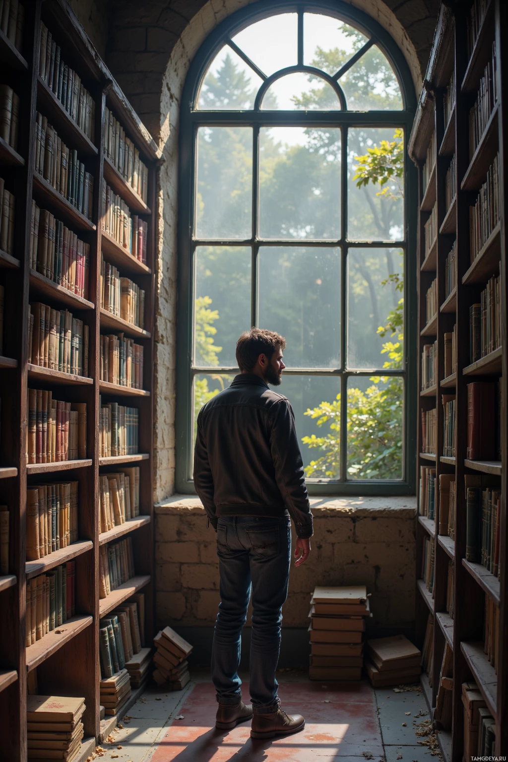 Realistic high quality photo. A 31‑year‑old man with dark hair and beard, wearing a rugged jacket and jeans, standing in a quiet city library aisle with dust on the bookshelves, gazing into the reflective surface of a large window, afternoon light filtering through, surrounded by old manuscripts and stacks of books.