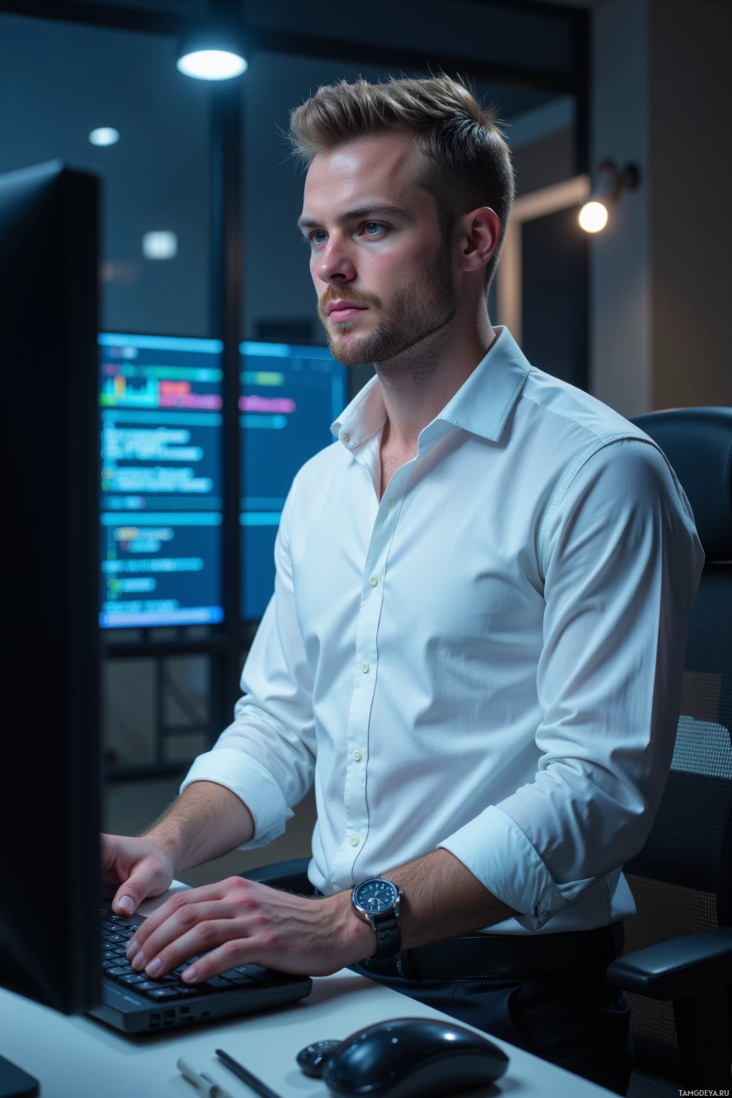 Realistic high quality photo. A sharp, 29‑year‑old male with short blonde hair, blue eyes, pale complexion, clean‑shaven face, wearing a crisp white shirt, black trousers, and a slim silver watch, stands in a modern office at night, his hands hovering over a keyboard, focused expression illuminated by the soft glow of a computer monitor after fixing a rogue semicolon bug.