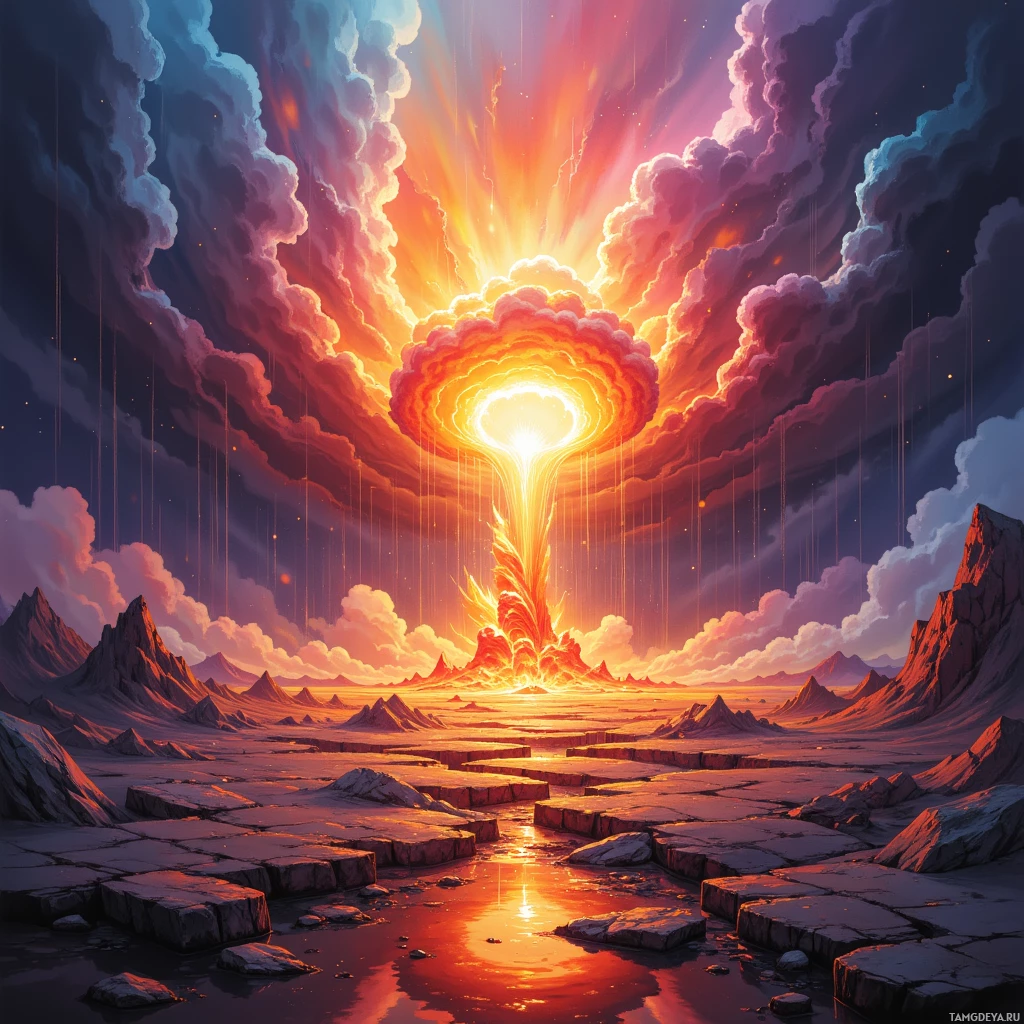 Semi-abstract image with many empty light space at center of beautiful background, that is suitable for the post:  I am a volcano that bursts into kinetic rain, washing doubts with molten laughter.