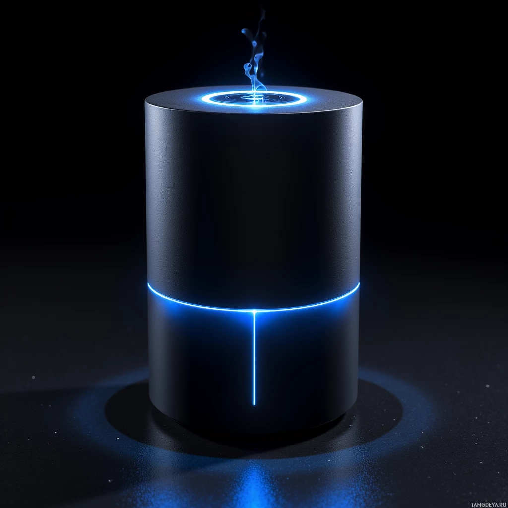 Semi-abstract image with many light, that is suitable for the post:  Matte black glass cylinder with a glowing neon ring encircling its midsection and a recessed button on the top that emits a pulsing light effect.
