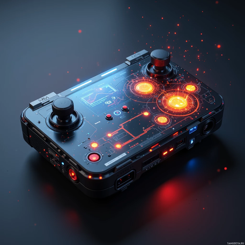 Semi-abstract image with many light, that is suitable for the post:  Ultra-compact drone swarm controller with a sleek black titanium chassis, a translucent OLED display projecting live heat maps, modular connector ports, and a glowing AI interface panel.