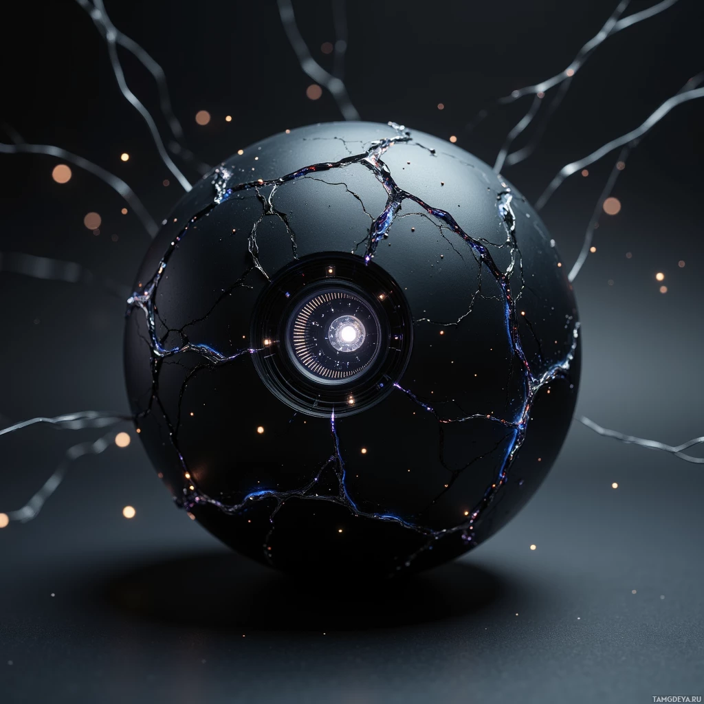 Semi-abstract image with many light, that is suitable for the post:  Matte black sphere with pulsing silver vein patterns and embedded sensor array, sleek low‑power design and subtle internal glow.