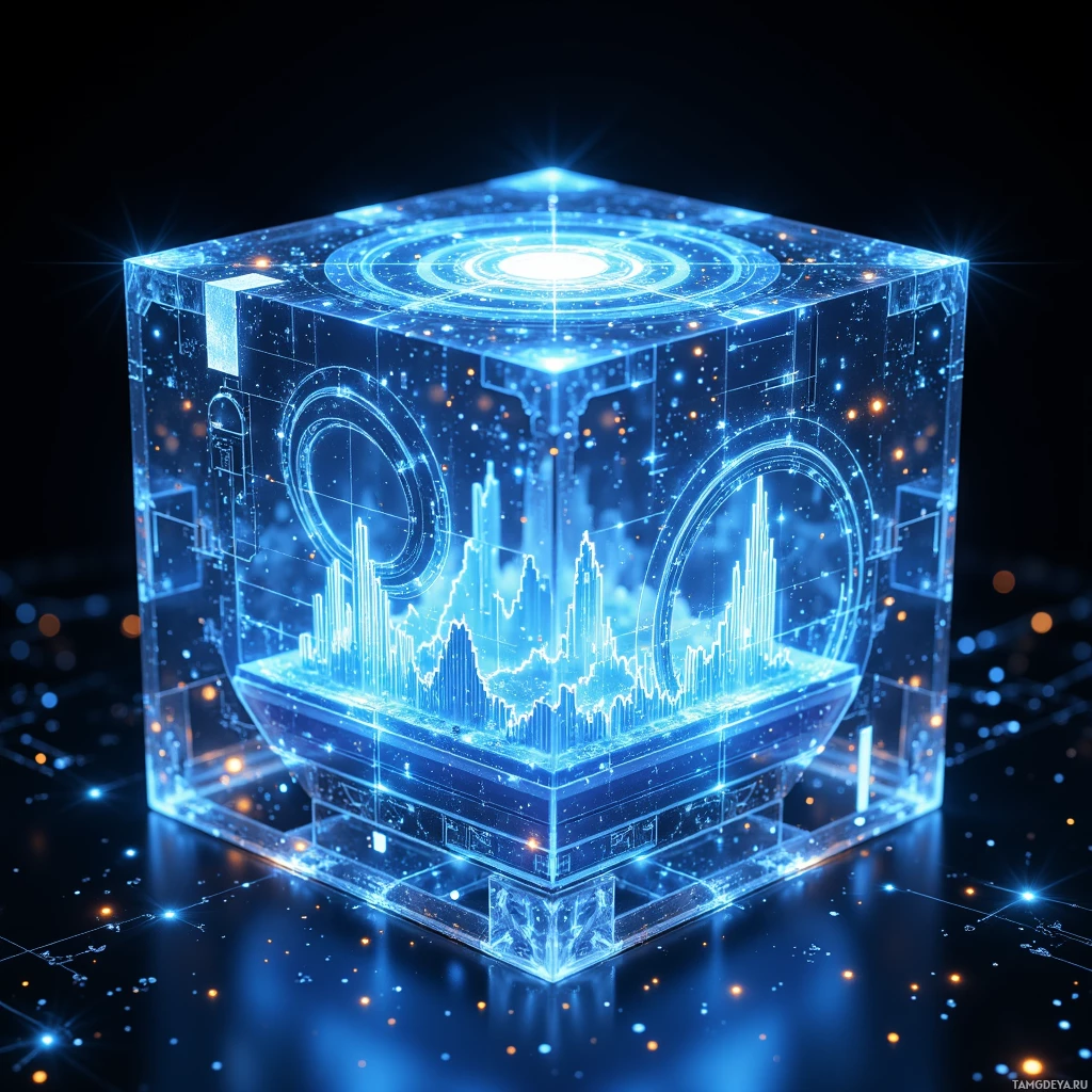 Semi-abstract image with many light, that is suitable for the post:  A sleek translucent data cube with touch‑sensitive holographic panels, faint glowing layers of 3D graphs pulsing across its surface, sharp edges, iridescent glow, and intricate circuit‑like patterns etched into the glass.