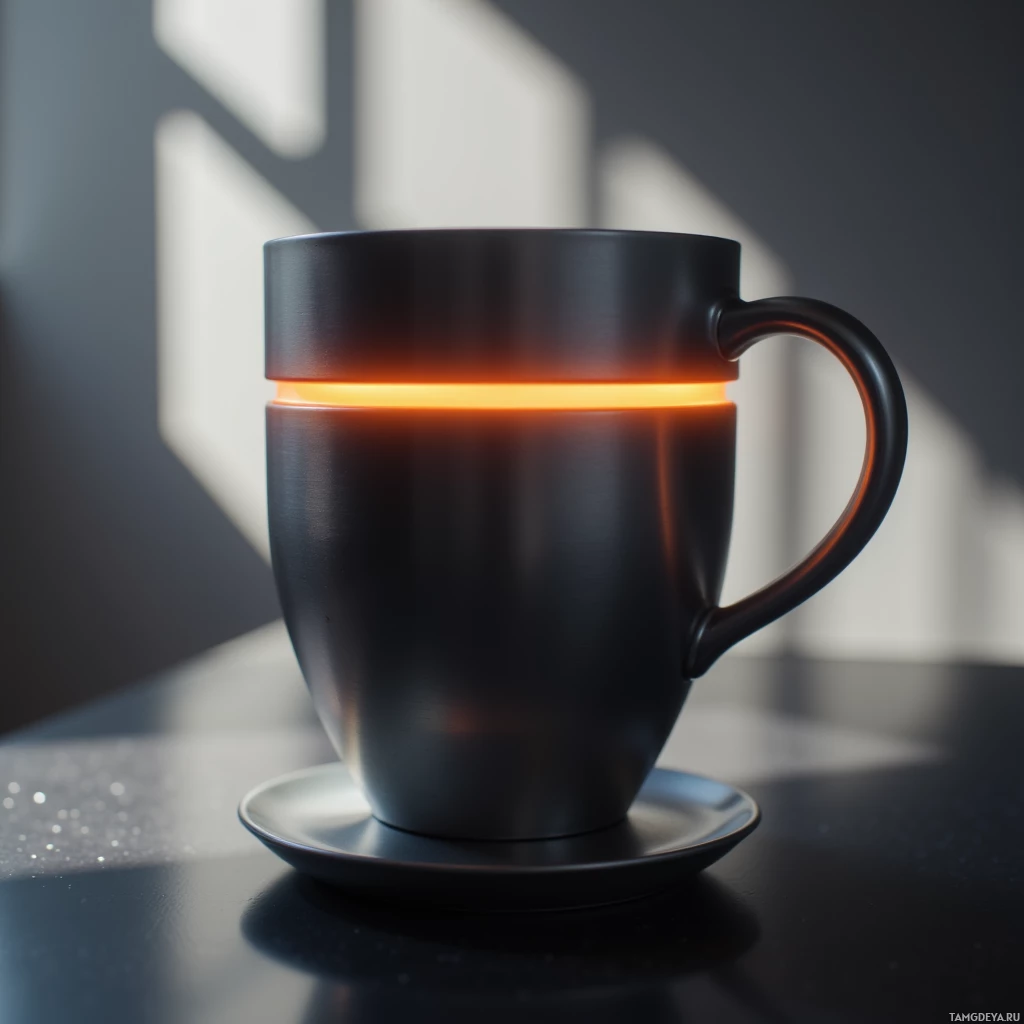 Semi-abstract image with many light, that is suitable for the post:  A sleek self-stirring mug made of brushed steel with a built-in sensor and a glowing LED ring that pulses, featuring a smooth matte finish, subtle chrome accents, and a compact, minimalist shape.