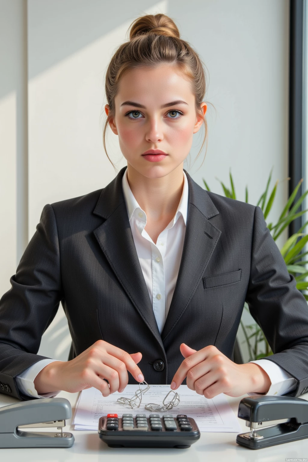 Realistic high quality photo. A 36‑year‑old woman with sharp features, light brown hair in a neat bun, piercing green eyes, fair skin, wearing a tailored business suit and holding a calculator, standing in a modern office desk surrounded by a chaotic stack of office paper clips forming a cube, apologizing to a stapler, sunlight streaming through the window, structured yet slightly sarcastic expression.