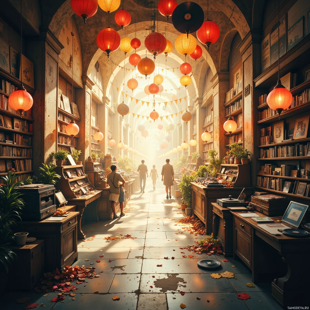 Semi-abstract image with many empty light space at center of beautiful background, that is suitable for the post:  Life feels like a vinyl shop—each song scratched with laughter, each scratch a story of someone we once knew.