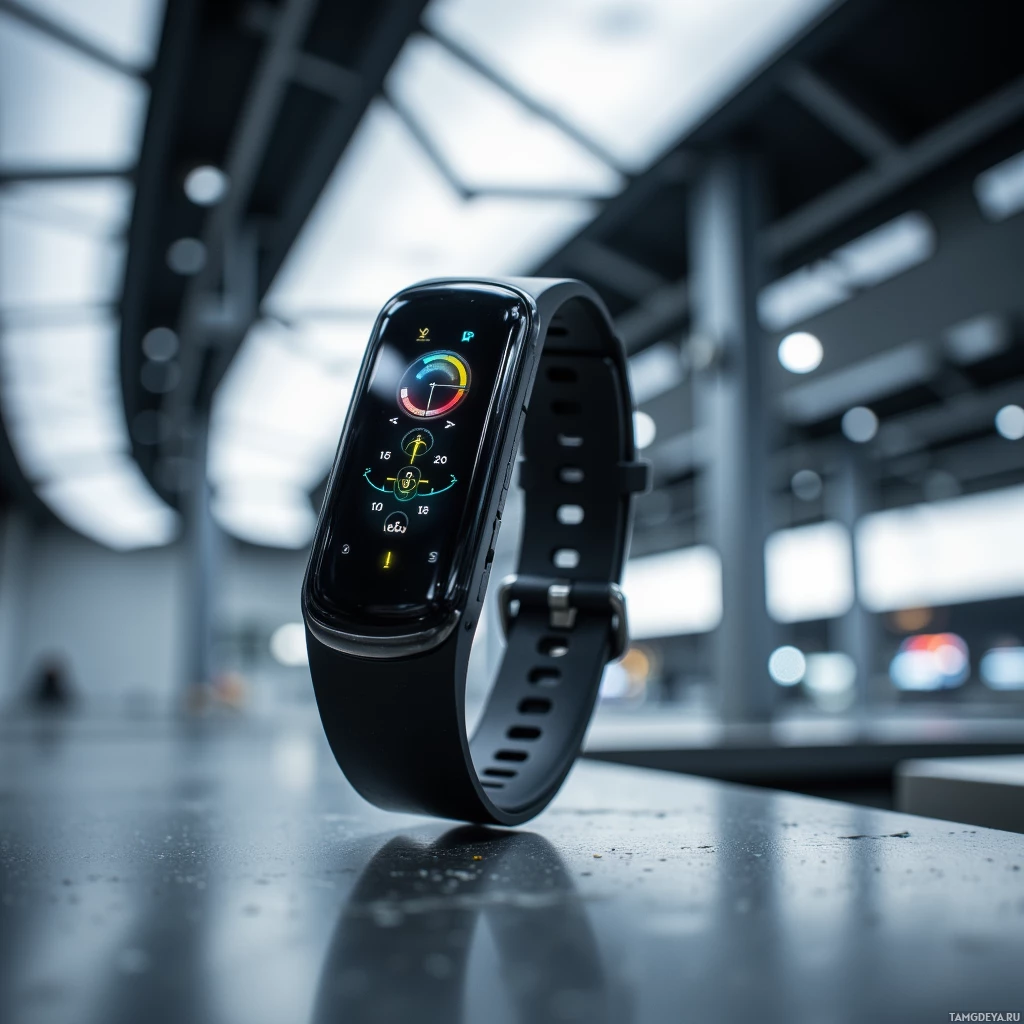Semi-abstract image with many light, that is suitable for the post:  sleek matte‑black shell with chrome accents, ultra‑high‑resolution AR display screen, clustered small motion sensor modules, and modular attachment points for interchangeable resistance bands and a biofeedback cuff.