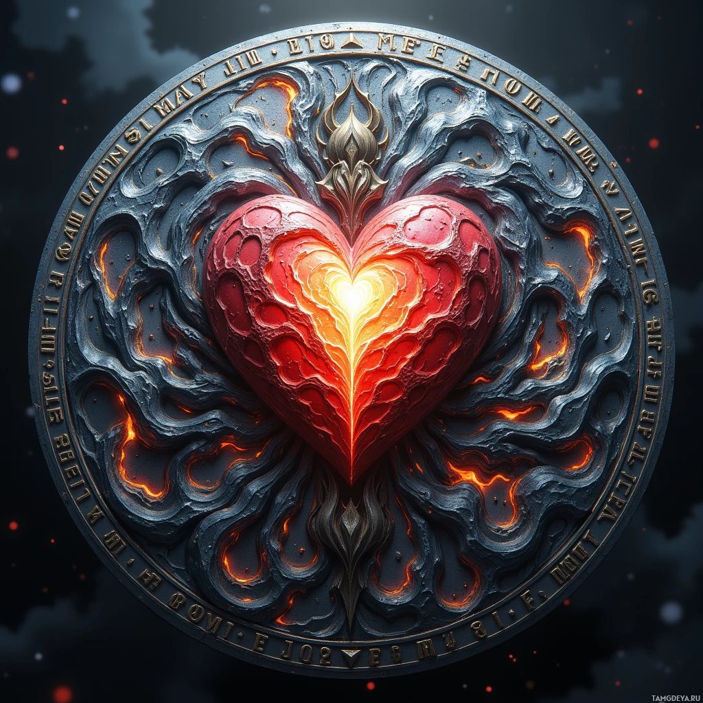 Semi-abstract image with many light, that is suitable for the post:  Shimmering iron shield with swirling storm‑cloud etchings and faint humming runes, centered around a glowing crimson dragon’s heart radiating a subtle protective aura.