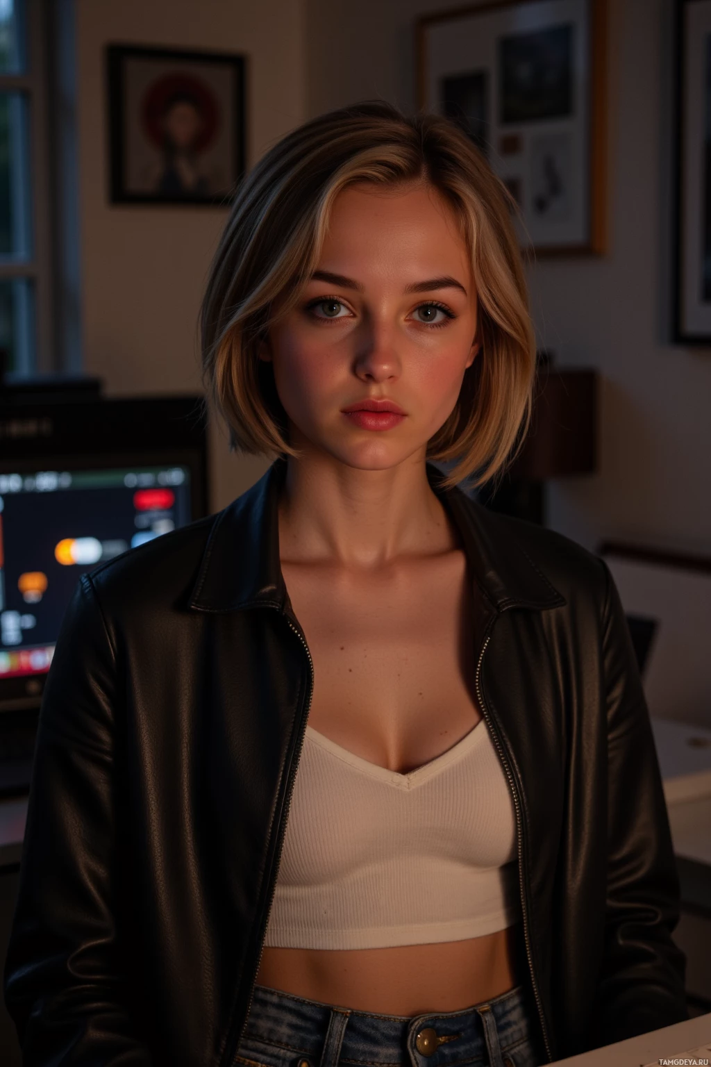 Realistic high quality photo. 27-year-old woman with short light brown hair and hazel eyes, wearing a black leather jacket over a white tank top and high‑waisted jeans, sits at her desk in a dimly lit apartment late at night, laptop screen glowing amber against her focused face as she logs off to breathe the unfiltered night.