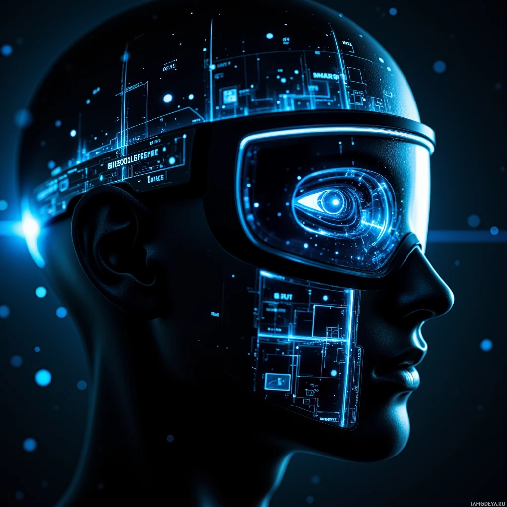 Semi-abstract image with many light, that is suitable for the post:  black smart visor with a slim matte black frame edged by a faint glowing neon‑blue ribbon that flickers with micro‑sensor data, projecting holographic readouts of micro‑expressions, pulse rate and mood indices onto its lenses, sleek and high‑tech.