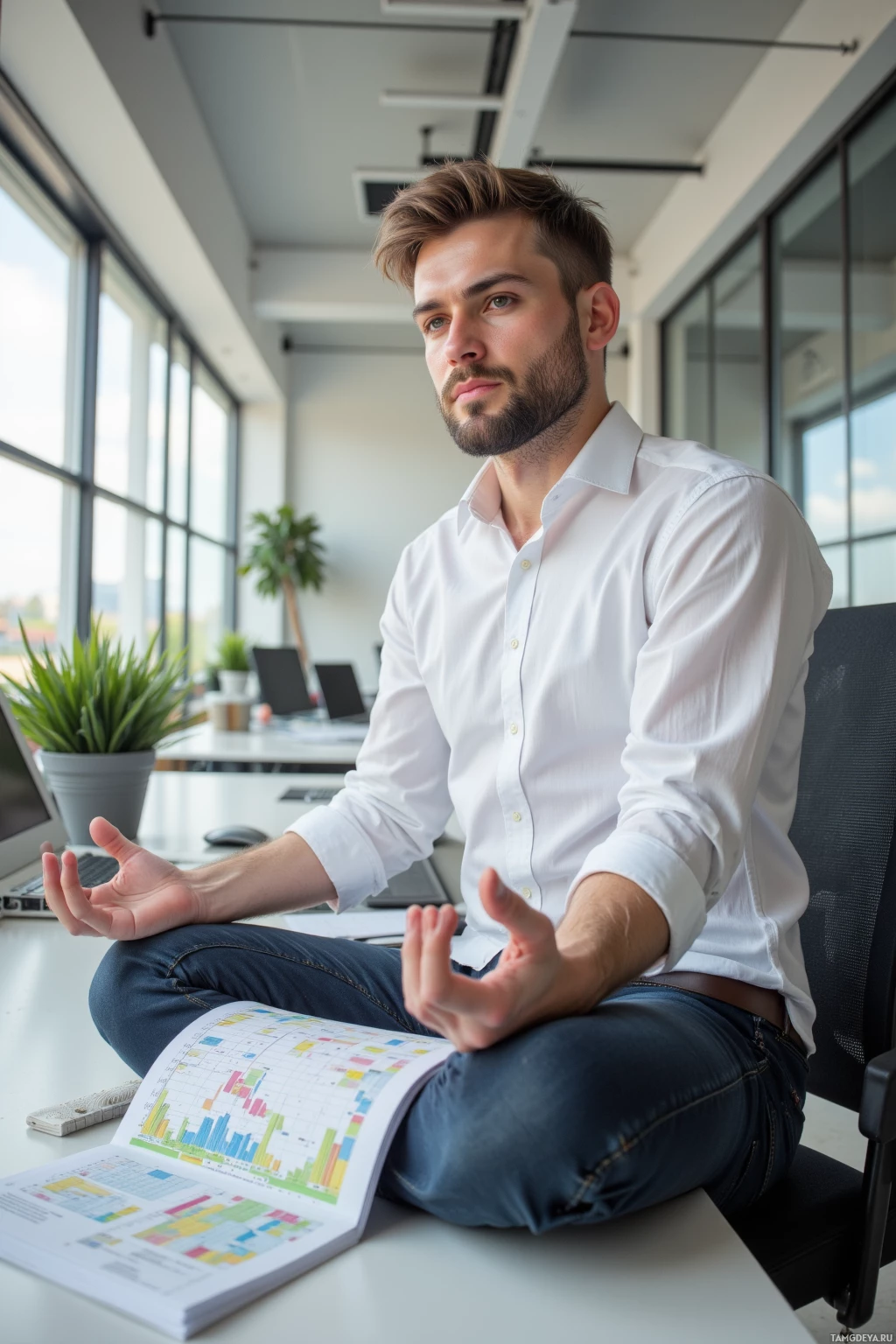 Realistic high quality photo. Male office worker, 27, short light brown hair, blue eyes, wearing a fitted white shirt and dark jeans, sits at a tidy desk in a modern open‑plan office, intently scrolling a spreadsheet grid styled like a board game while doing slow breathing exercises with hands on his lap, natural sunlight streaming through large windows reflecting focus and determination.