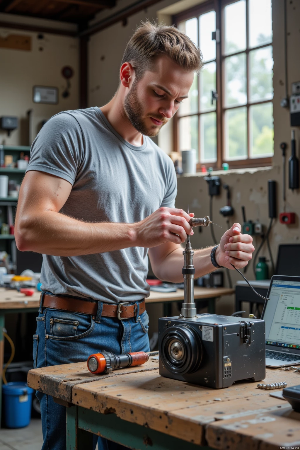 Realistic high quality photo. A methodical engineer, 30, short light brown hair, blue eyes, plain light gray t‑shirt, worn jeans, tightening a servo bearing nut on a dusty workbench in a sunlit workshop, a soldering iron hissing softly beside him, a laptop with a torque spreadsheet open, and a satisfied grin as the prototype runs smoothly in the morning.