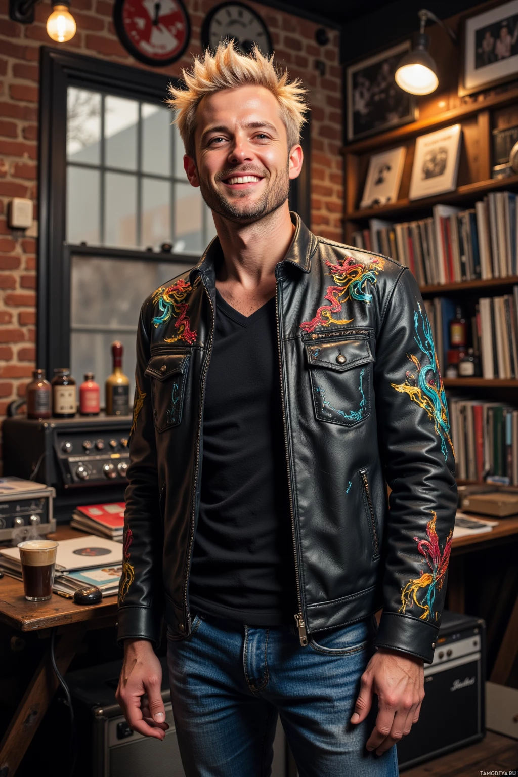 Realistic high quality photo. Man with spiky blonde hair, blue eyes, in a black leather jacket with electric patterns and jeans, laughing amid a cluttered studio loft filled with vinyl records and a busted amp wired under a flickering streetlight, while steaming coffee hisses and a small crowd claps.