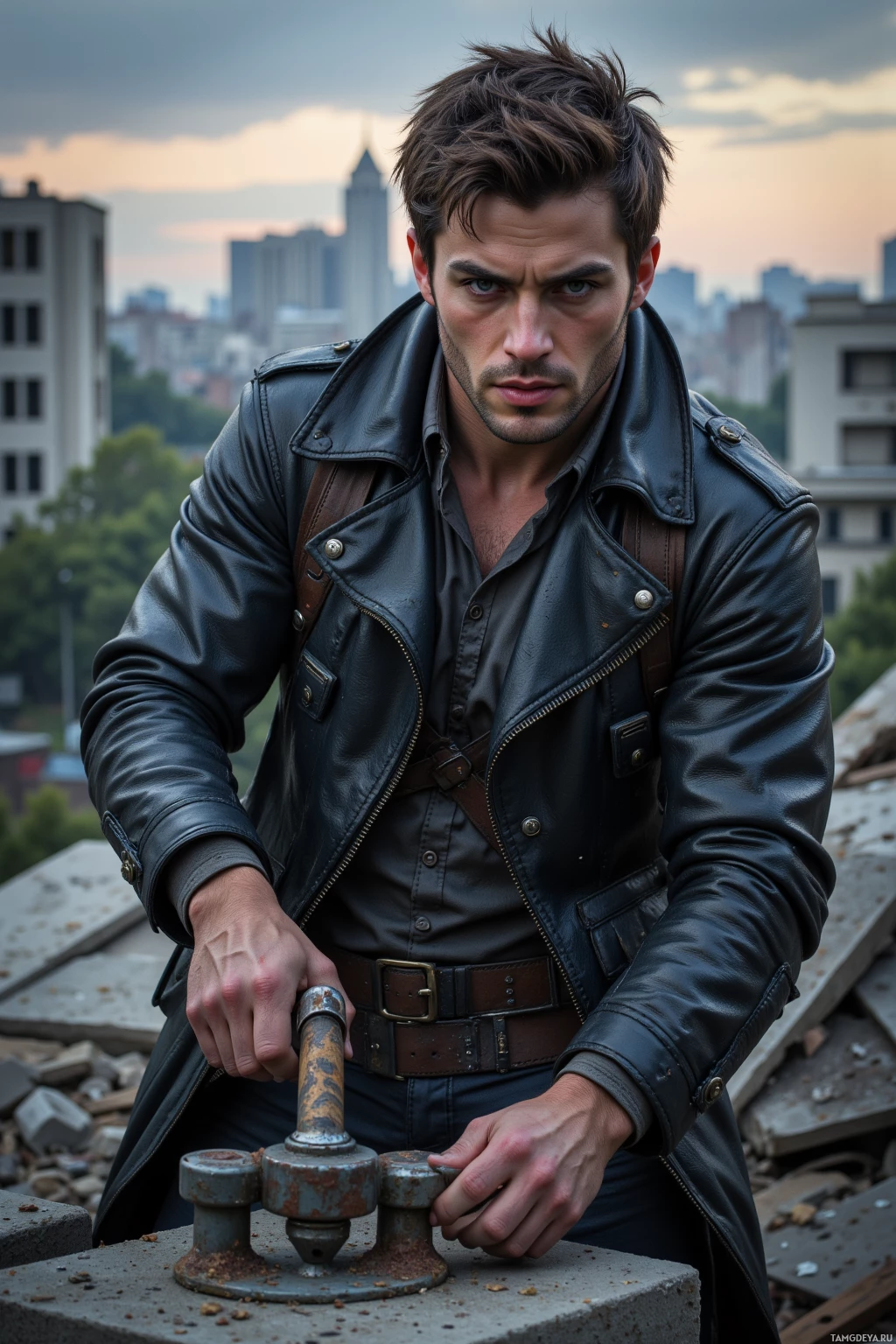 Realistic high quality photo. 35‑year‑old male bounty hunter with short messy dark hair, piercing blue eyes, chiseled features and visible scars, wearing a weathered dark leather coat, fortifying an abandoned supply depot by hammering damaged metal onto concrete, metal clanging amid broken pallets and concrete debris, overlooking a ruined cityscape at dusk.