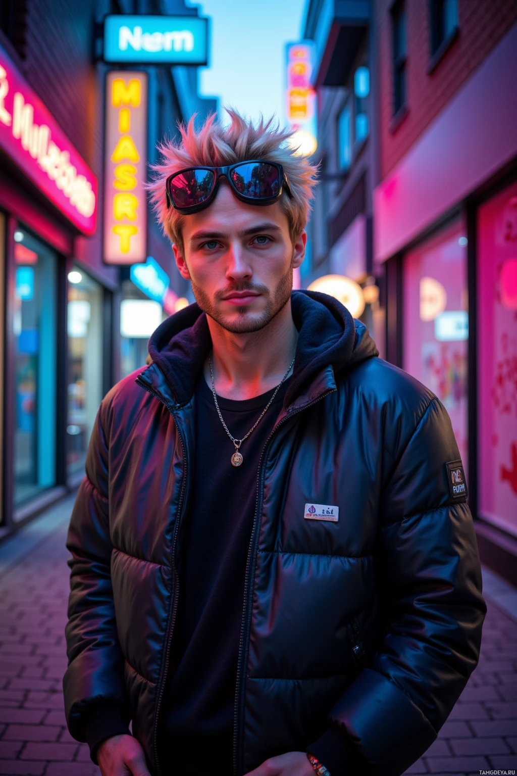 Realistic high quality photo. A 26‑year‑old man with messy blonde hair, bright blue eyes, angular face, and charismatic smile, wearing a custom jacket and trendy streetwear with sunglasses perched on his forehead, confidently posing in a modern alleyway studio illuminated by electric neon glow and soft city light, early evening.