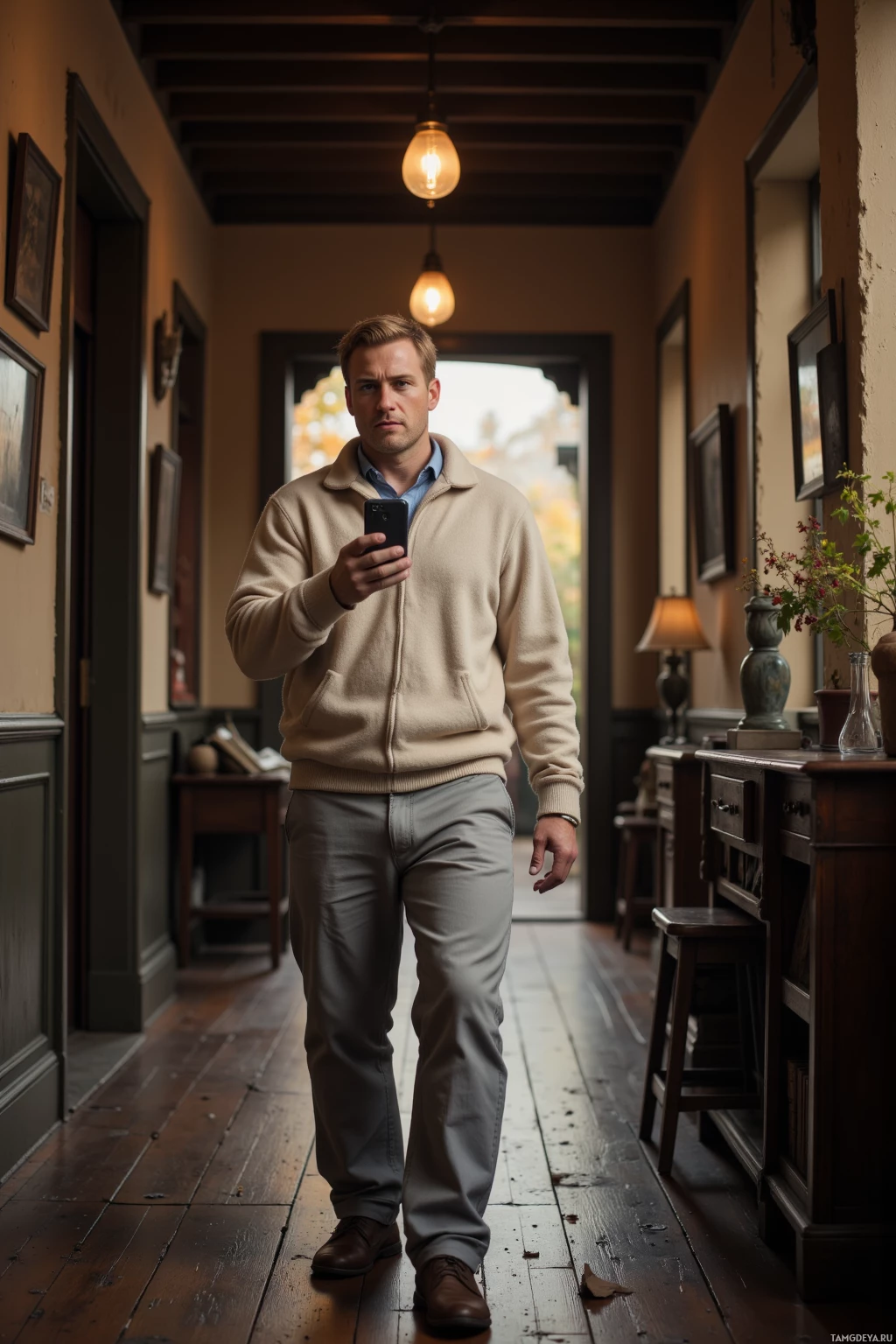 Realistic high quality photo. A 38‑year‑old man with blond hair, blue eyes, pale skin, wearing a light beige sweater and soft gray pants, walking through a dim hallway with creaky cedar floorboards and flickering light bulbs, holding a smartphone camera as he delivers a sarcastic mindfulness joke, his expression calm yet slightly frustrated, early evening light filtering through the doorway to his study.