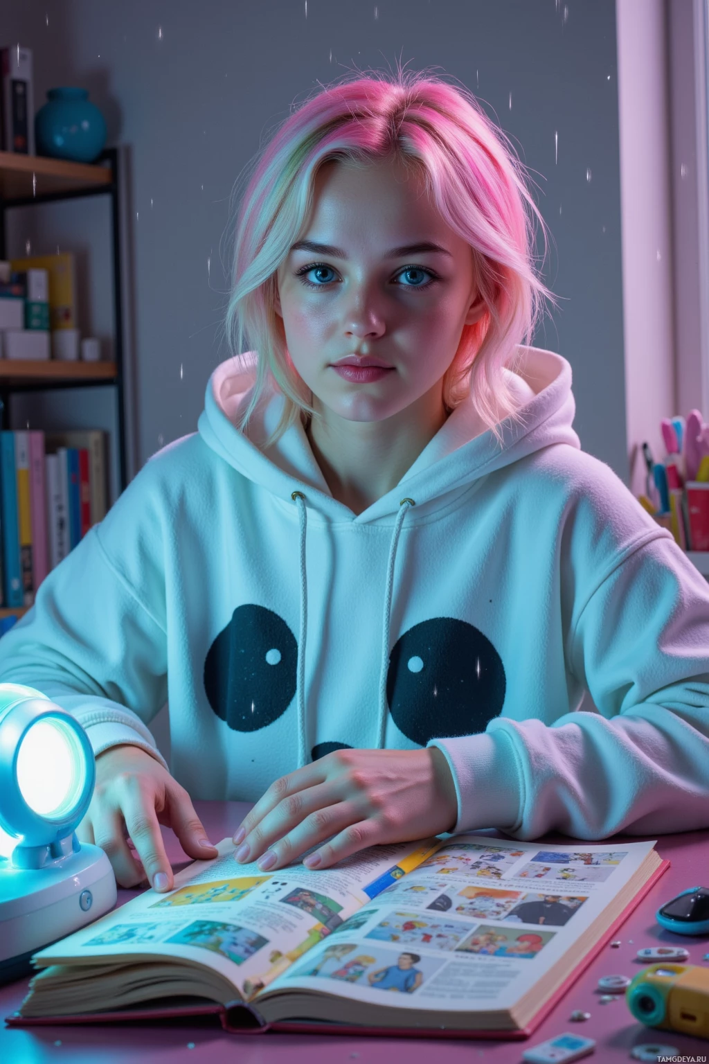 Realistic high quality photo. Young woman, 20, bright neon‑spiky hair, iridescent blue‑green eyes, pale glowing skin, wearing an oversized panda‑themed hoodie with cute pins and hair clips, sitting at a desk in a softly lit room on a rainy afternoon, a small machine beside her desk flashing a gentle rainbow while she opens a manga volume with a playful smile.