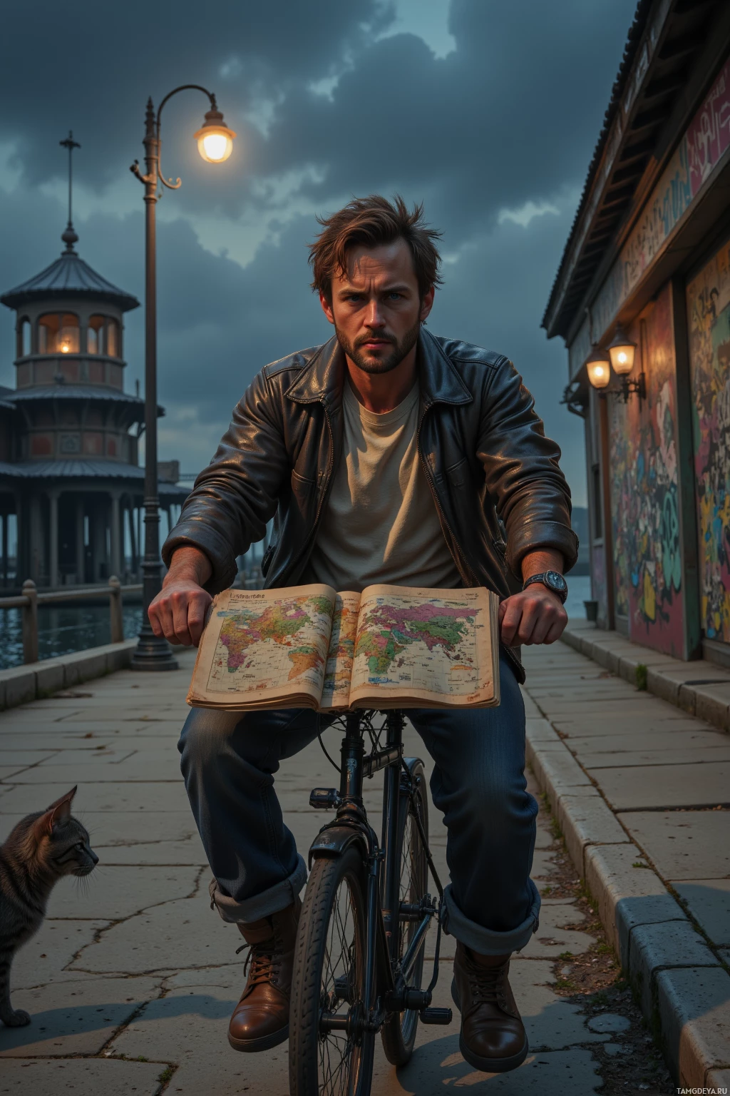 Realistic high quality photo. Male, 34, messy brown hair, piercing blue eyes, scruffy beard, wearing a worn leather jacket over a faded tee, riding a bicycle past an old pier under dim streetlight, holding a folded map made from discarded bins; a curious gray cat watches him on the sidewalk as he pauses to admire a spray‑can mural on a blank wall.