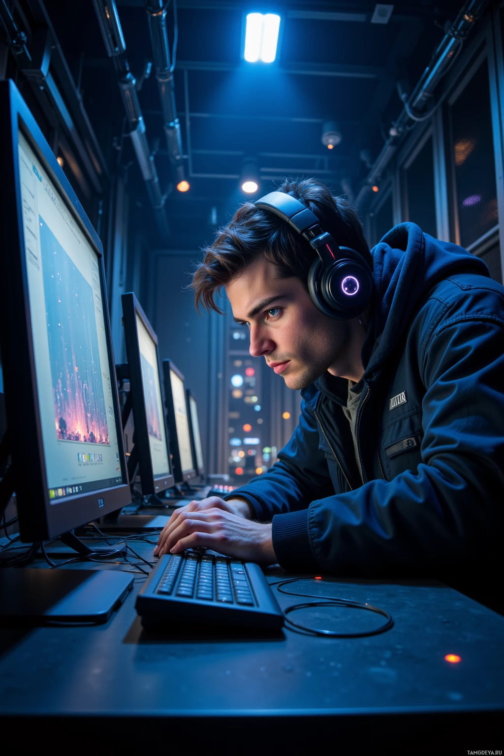 Realistic high quality photo. 28‑year‑old man with dark hair, piercing blue eyes, slender build wearing a hooded jacket and headphones, hunched over glowing computer monitors in a dimly lit modern server room filled with humming cooling fans and tangled network cables, a single LED blinking on a terminal while city lights flicker through blinds overhead, his focused gaze tracing data pulses across the screen during a quiet night shift.